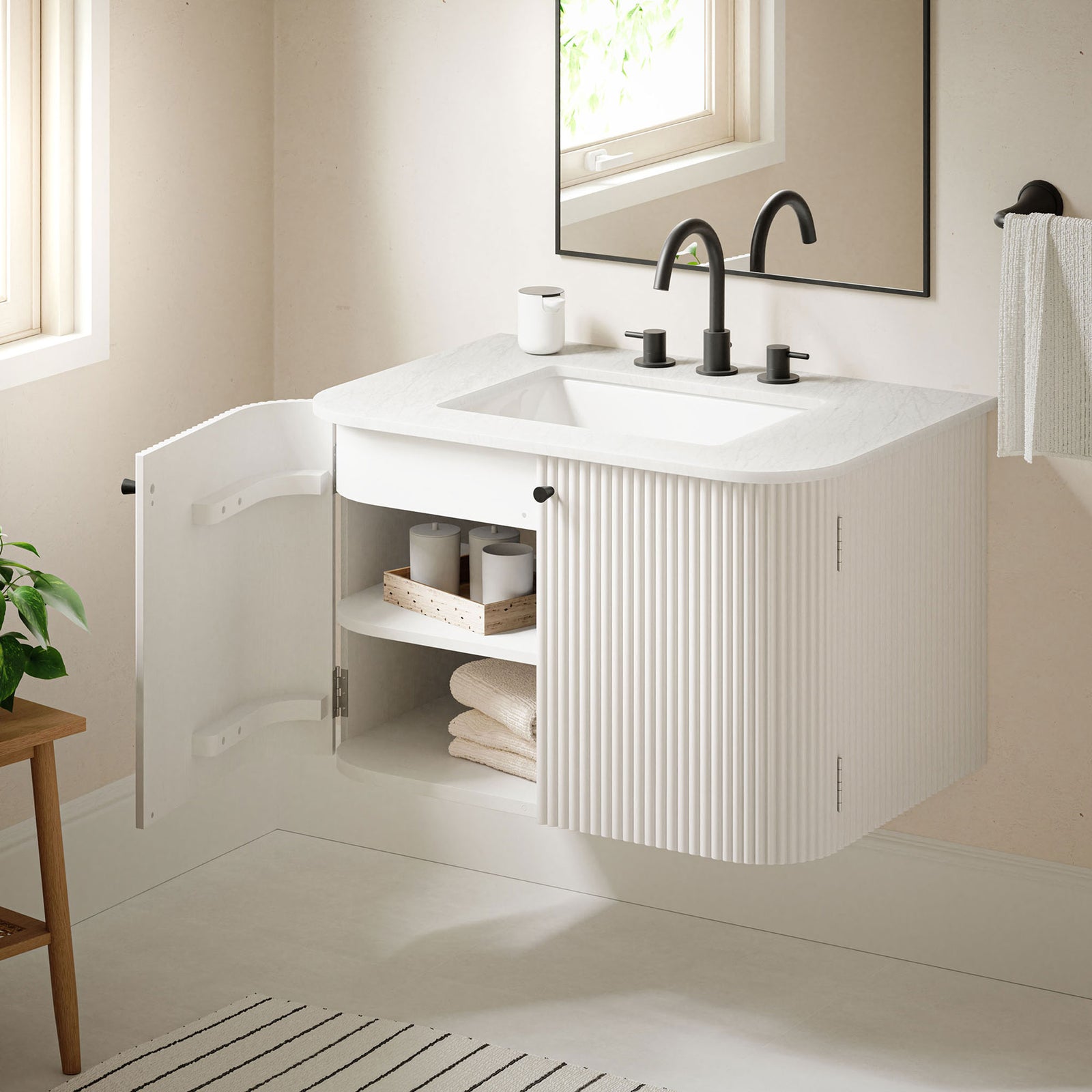 Ample cabinet storage keeps bath items tidy and accessible || EEI-7208-IVO || front_angle_open_room