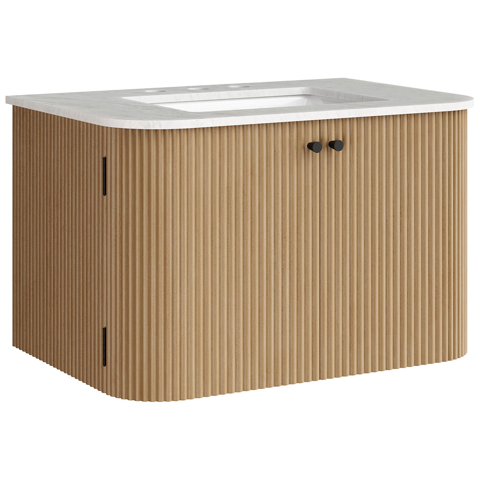Wider fluted vanity in natural wood with marble sink and round pulls || EEI-7208-NAT || front_angle_studio