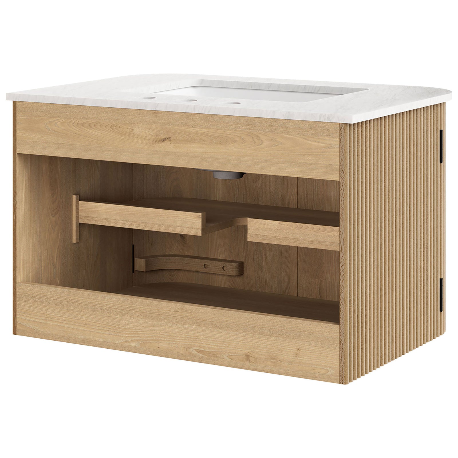 Rear access panel with plumbing cutouts and roomy shelving || EEI-7208-NAT || back_studio