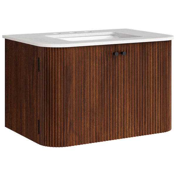 Rounded corners and ribbed walnut grain elevate this floating vanity with a clean marble surface. || EEI-7208-WAL || front_angle_studio