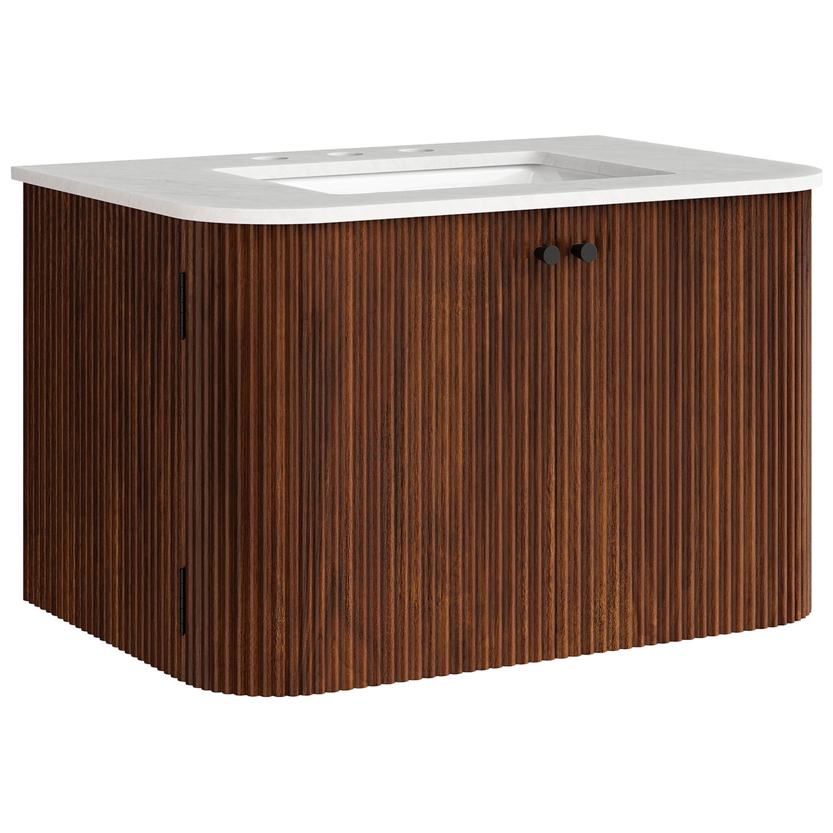 Rounded corners and ribbed walnut grain elevate this floating vanity with a clean marble surface. || EEI-7208-WAL || front_angle_studio