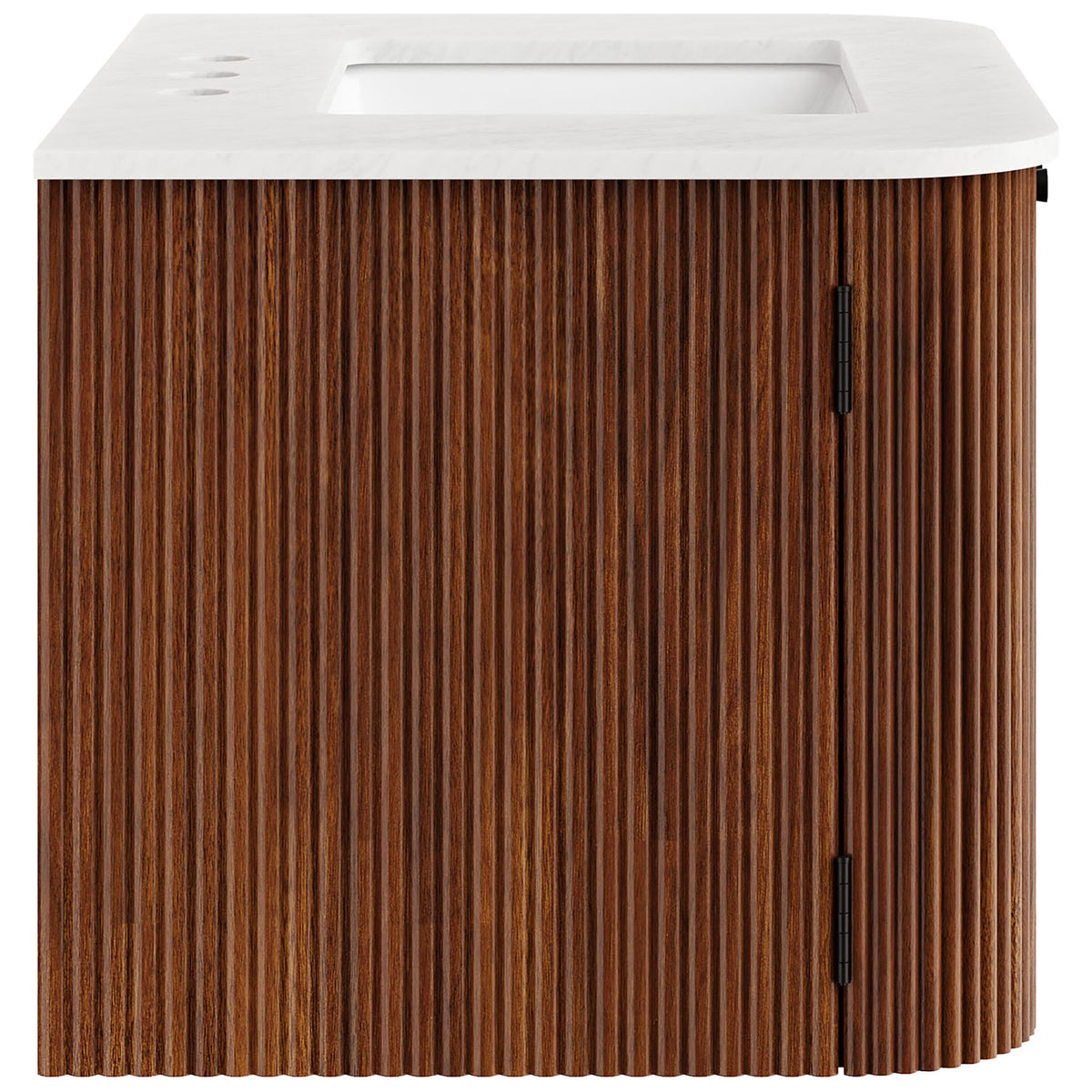 Smooth curved side showcases the fluted wood detail and sleek wall-mounted silhouette. || EEI-7208-WAL || side_studio