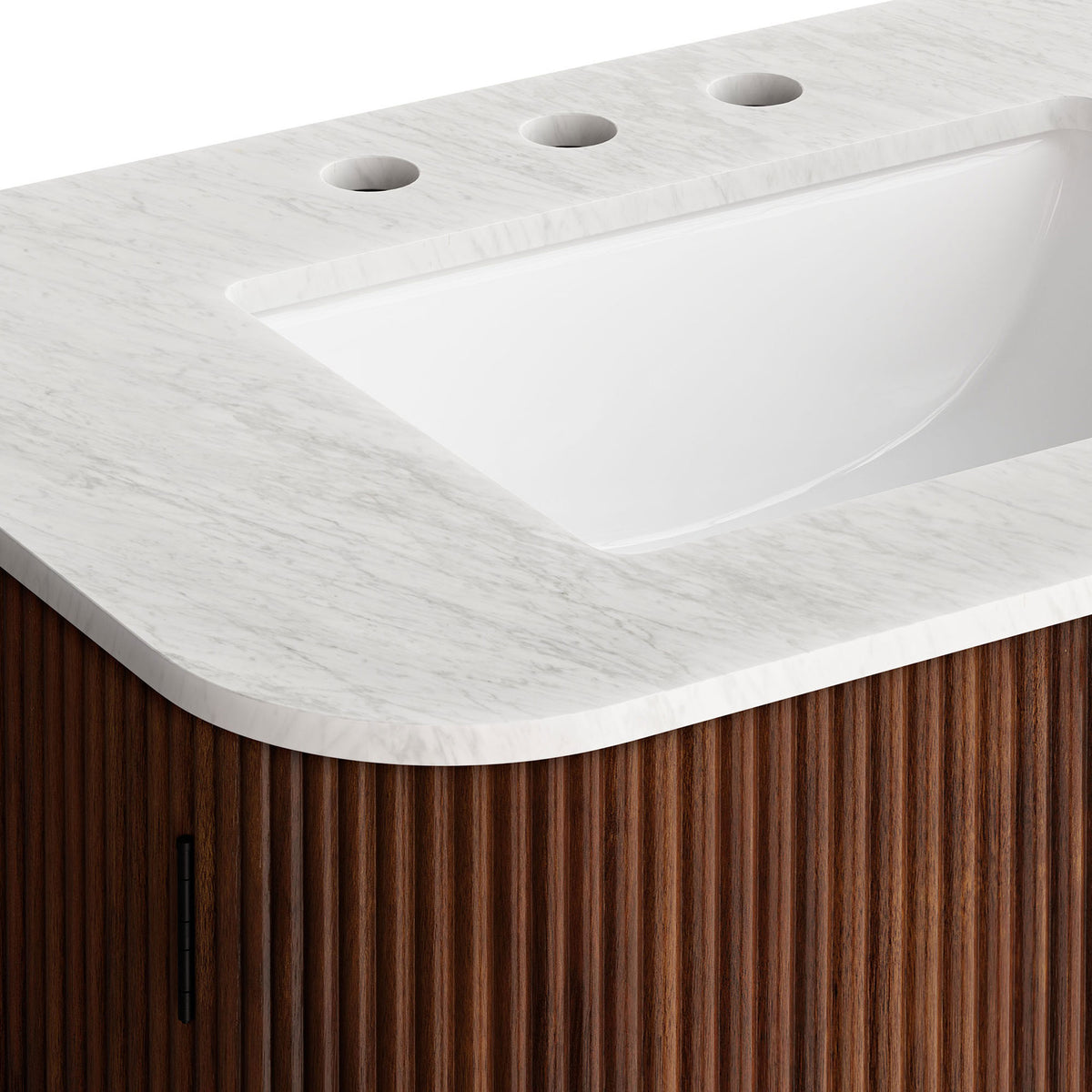 Detailed look at the veining and smooth edge of the marble top against the walnut fluting. || EEI-7208-WAL || detail_studio