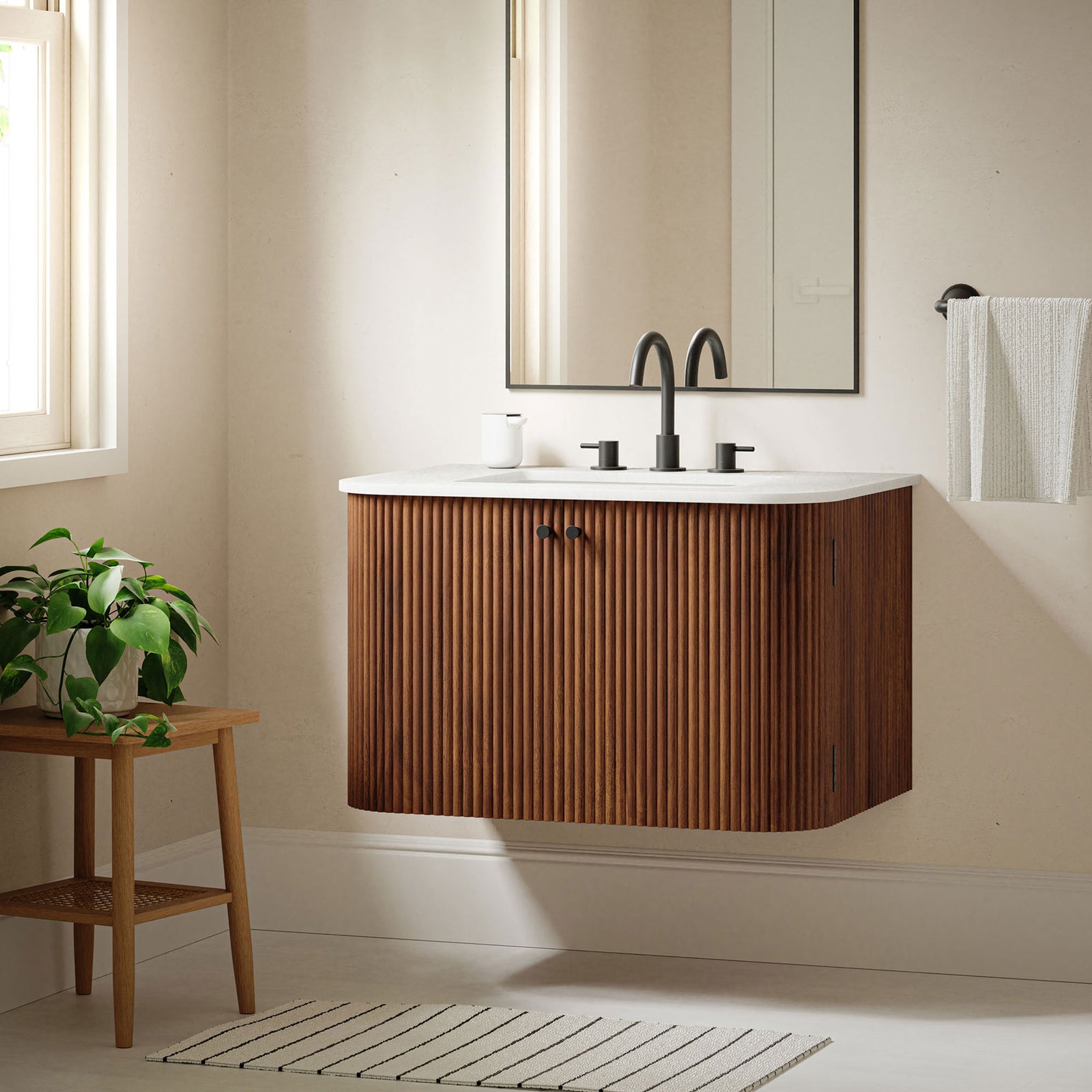Elegant floating presence adds warmth and polish, pairing rich walnut with cool marble. || EEI-7208-WAL || front_angle_room