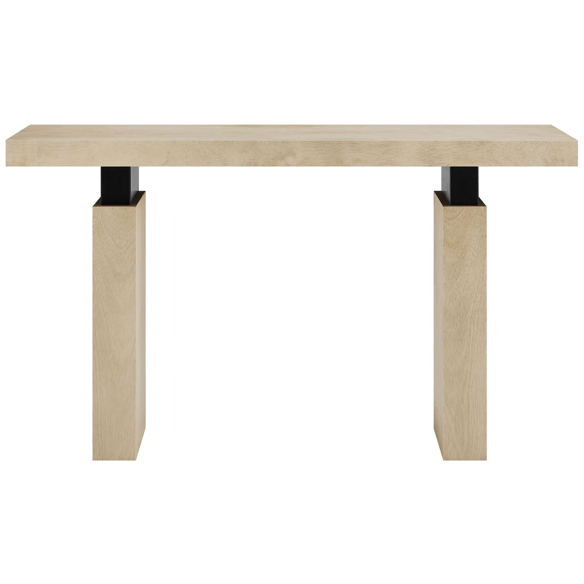 Minimalist console table in warm natural wood with dual slab legs and bold matte black connectors || EEI-7209-NAT || front_studio