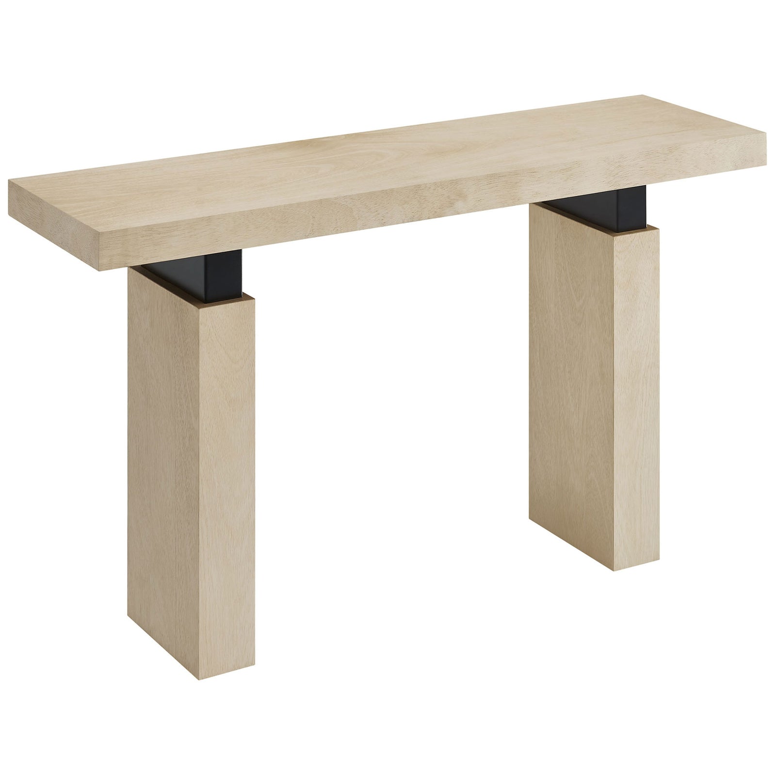 Streamlined console table with natural wood grain and crisp geometric lines accented by black metal || EEI-7209-NAT || front_angle_studio