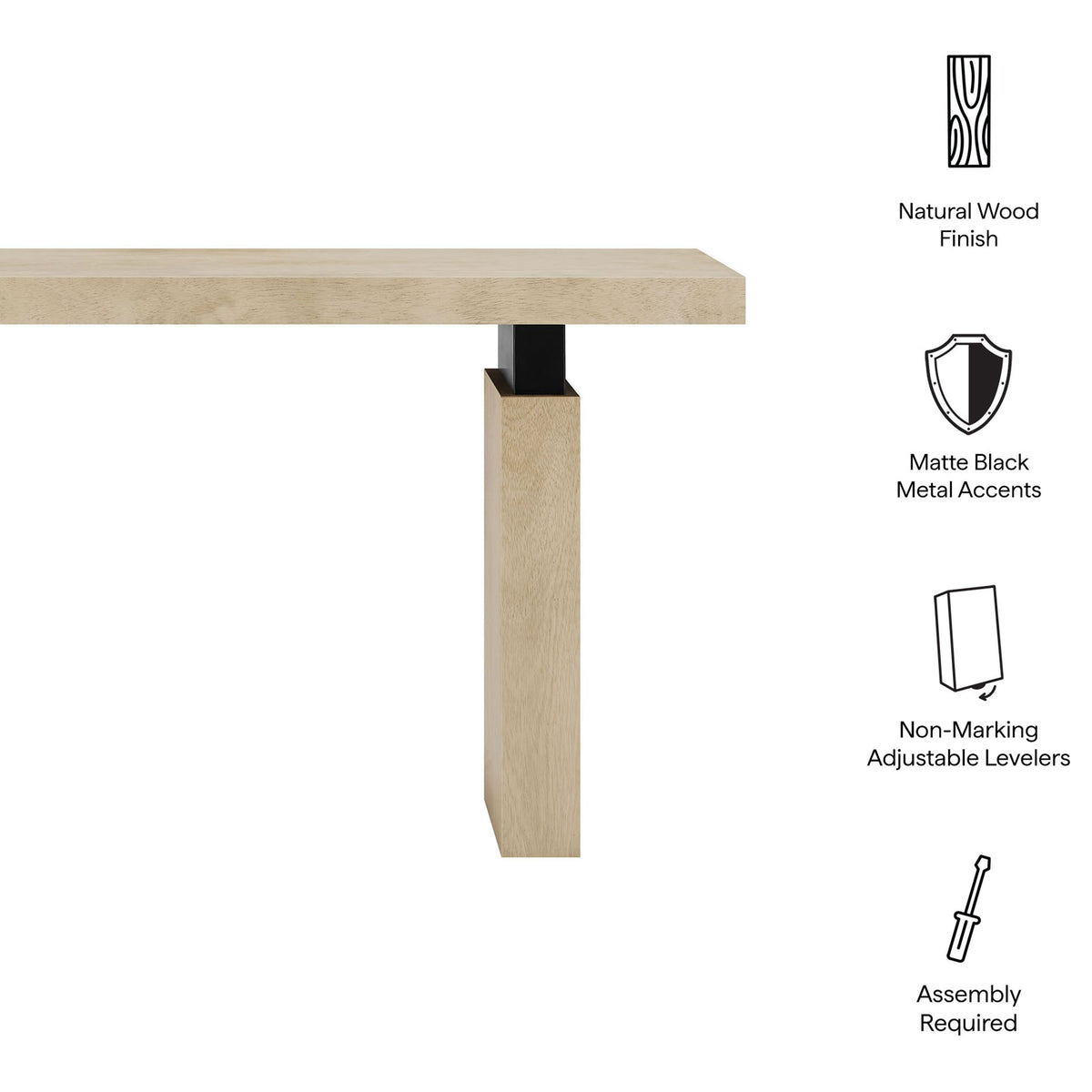 Natural wood finish, matte black accents, and protective floor levelers for versatile placement || EEI-7209-NAT || callout_studio