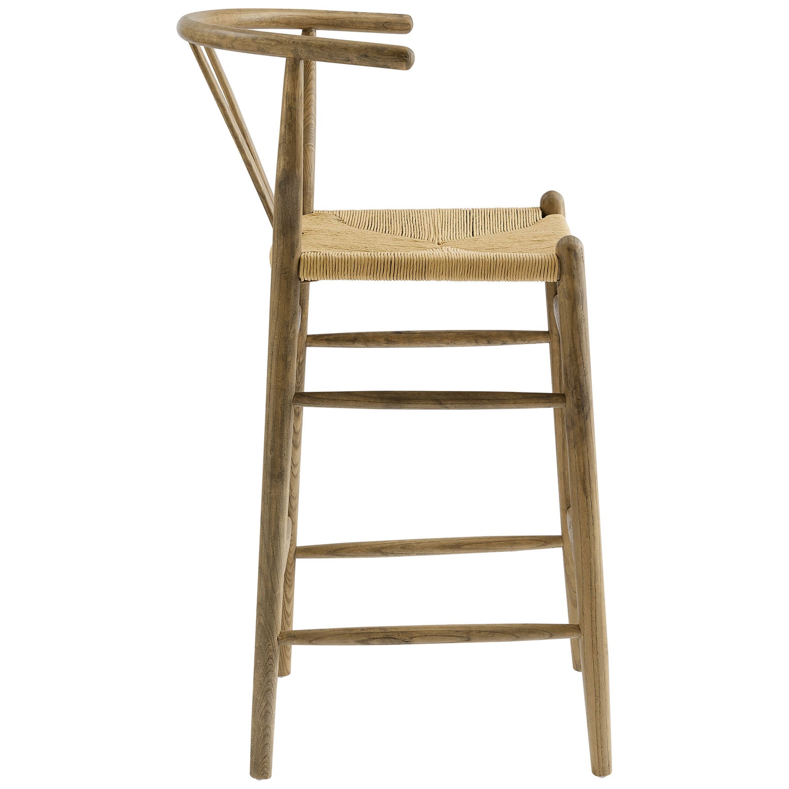 Tall bar stool with slim profile, rounded arms, and durable paper rope seat || EEI-7210-GRY || side_studio