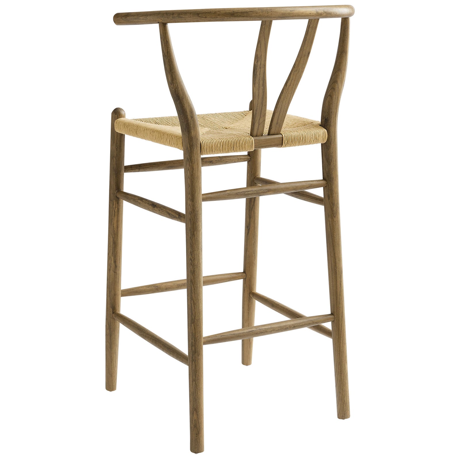 Curved back bar stool with sculpted frame and distinctive V-shaped back cutout || EEI-7210-GRY || back_angle_studio