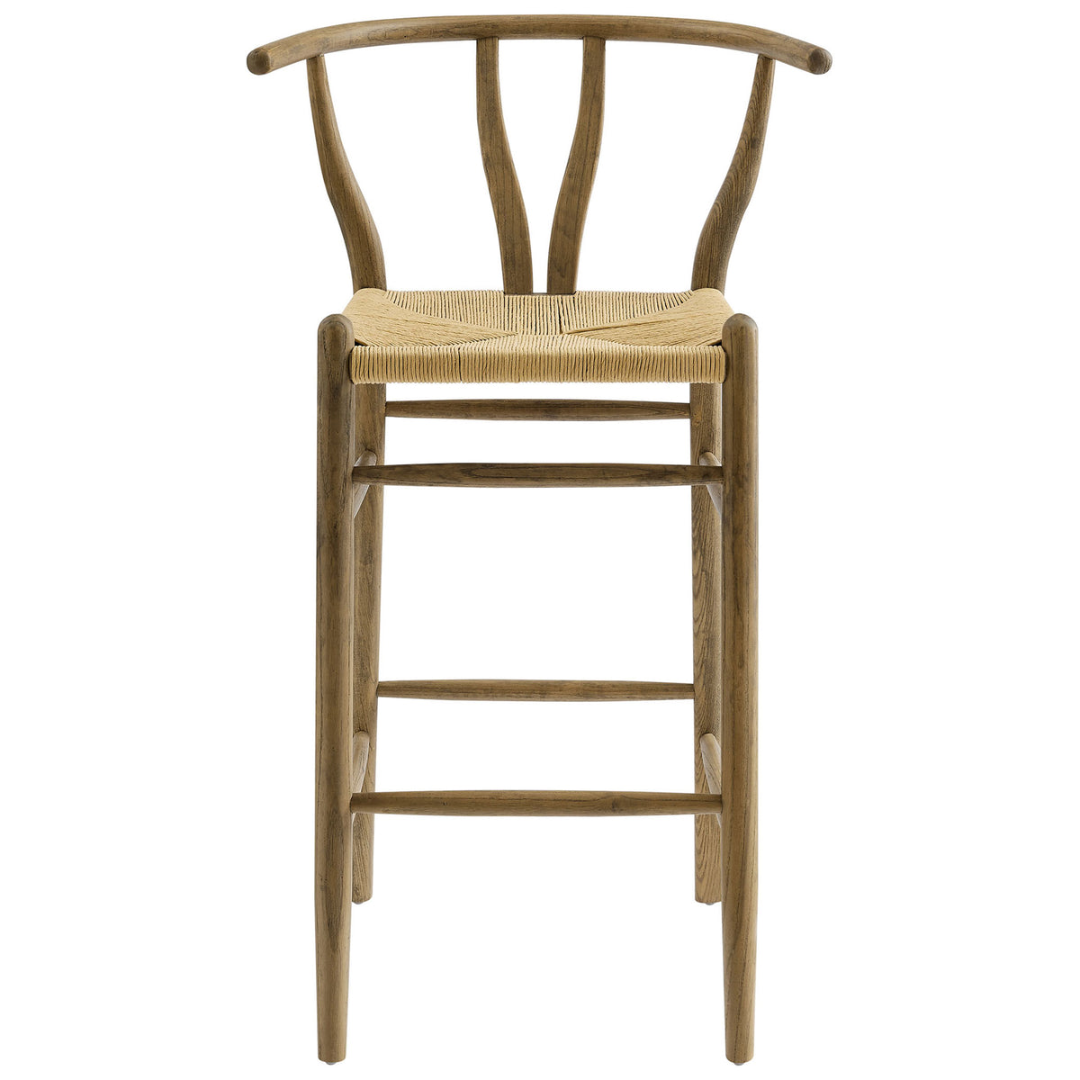 Bar stool with curved half-moon back, V-cut detail, and woven paper rope seat in weathered gray wood || EEI-7210-GRY || front_studio