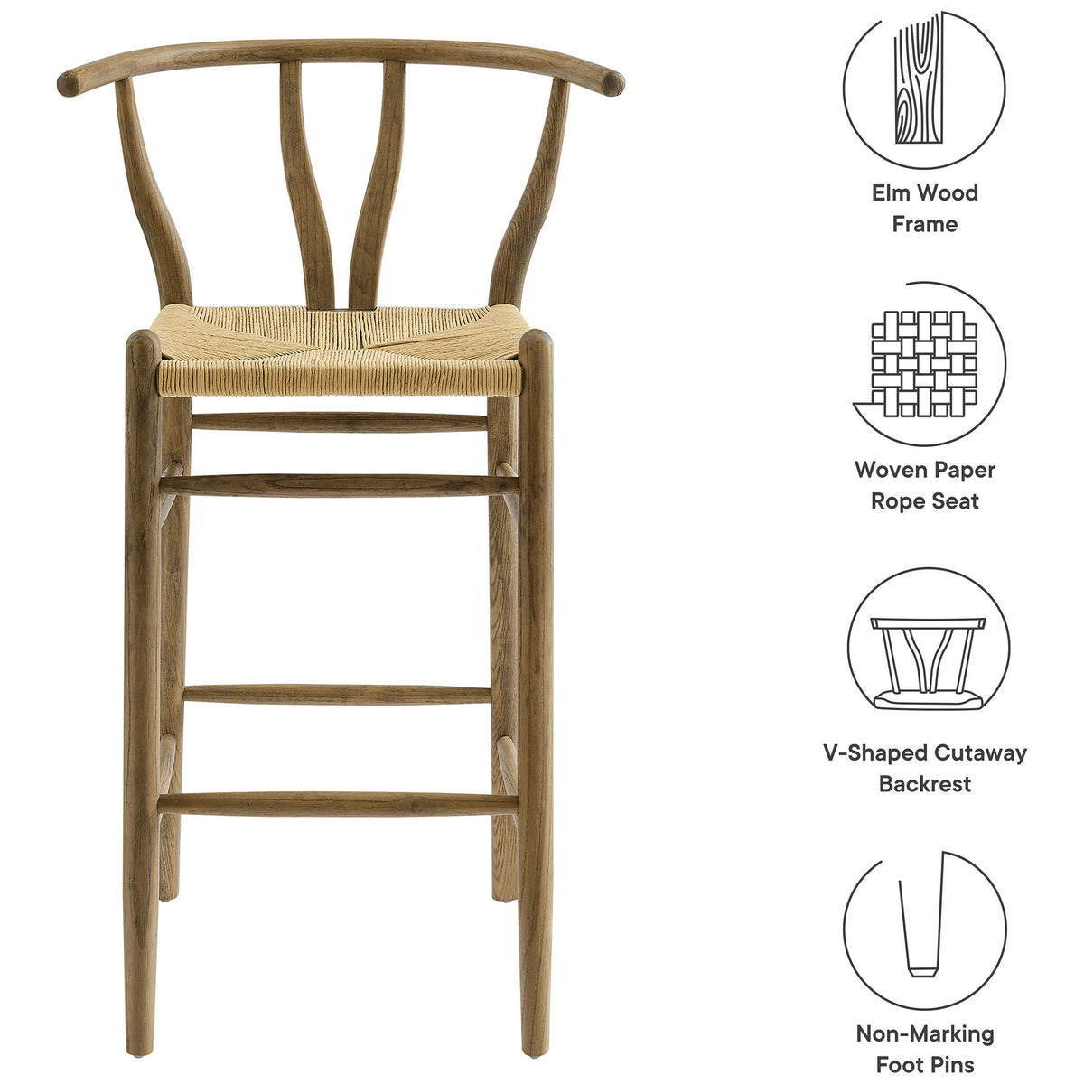 Elm wood frame with paper rope seat, V-cut back, and non-marking foot pins || EEI-7210-GRY || callout_studio