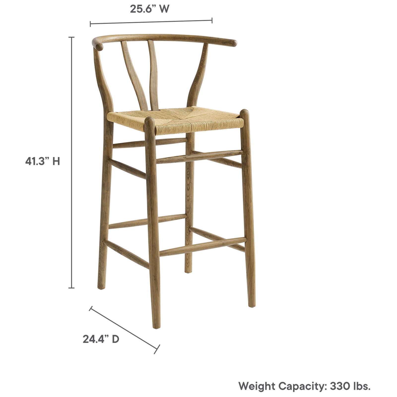 Bar stool dimensions: 41.3 in H x 25.6 in W x 24.4 in D; weight capacity 330 lb || EEI-7210-GRY || dimension_studio