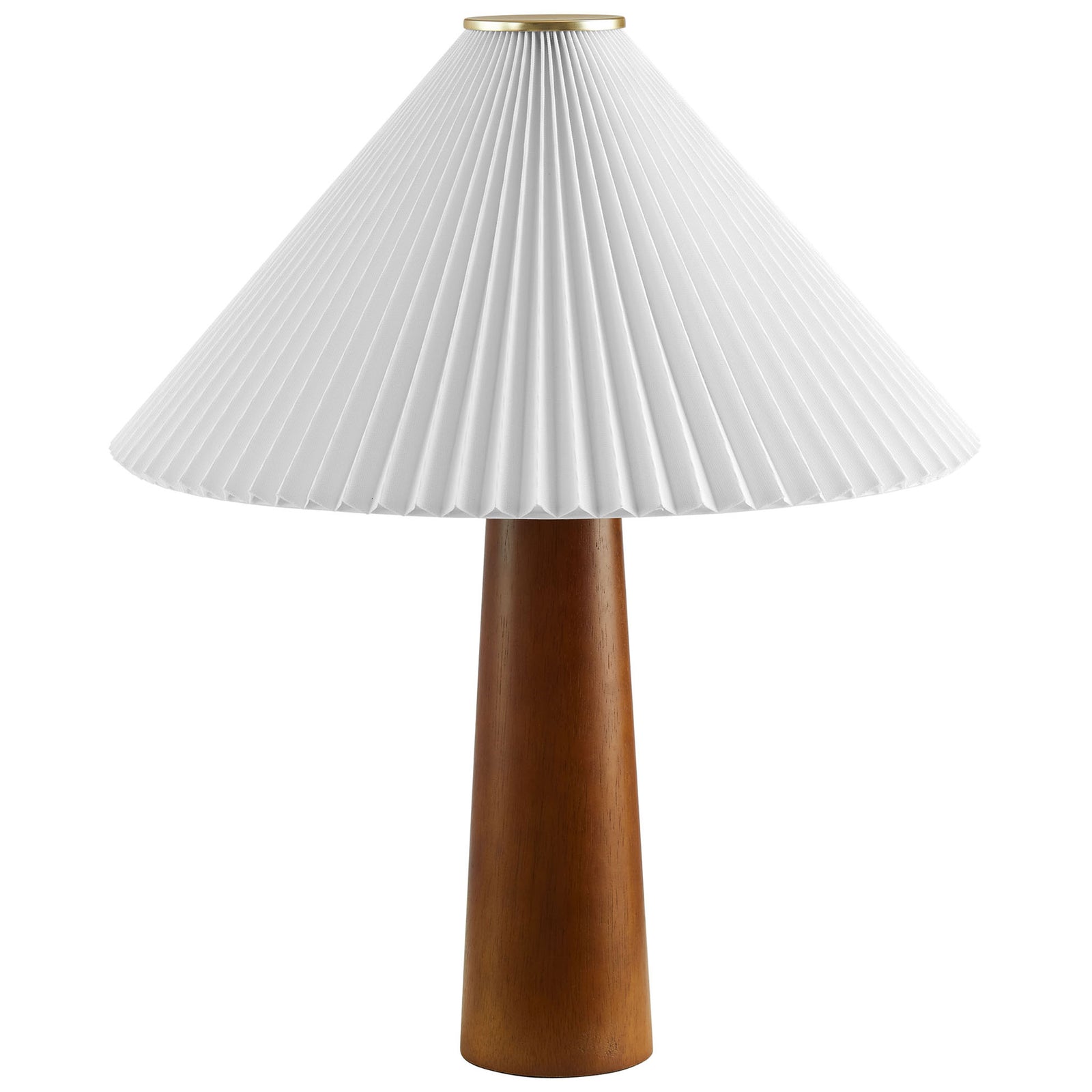 Walnut wood table lamp with pleated white shade and brass top accent for timeless warmth || EEI-7212-WAL || front_studio