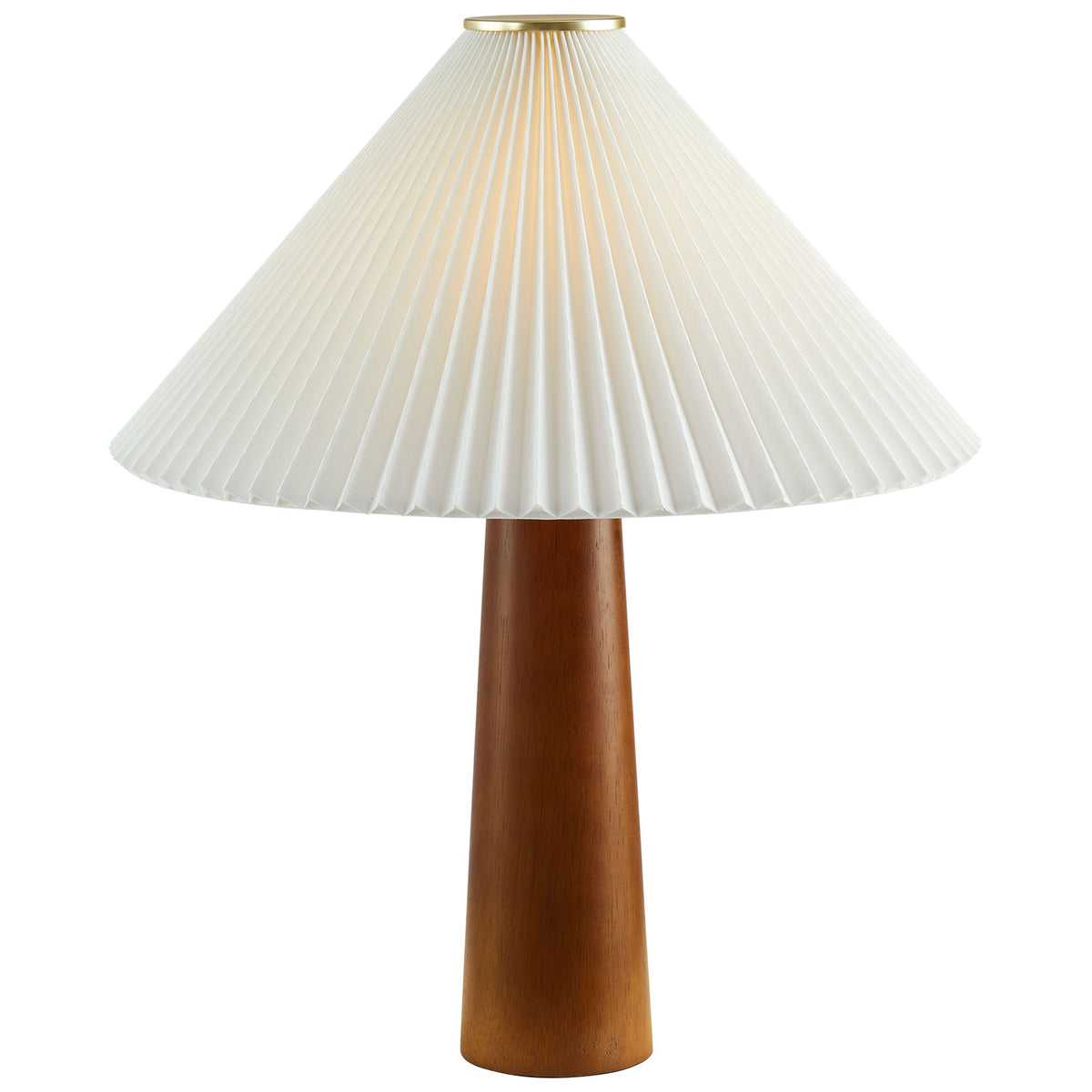 Warmly lit walnut table lamp with glowing pleated shade for soft ambient illumination || EEI-7212-WAL || front_on_studio
