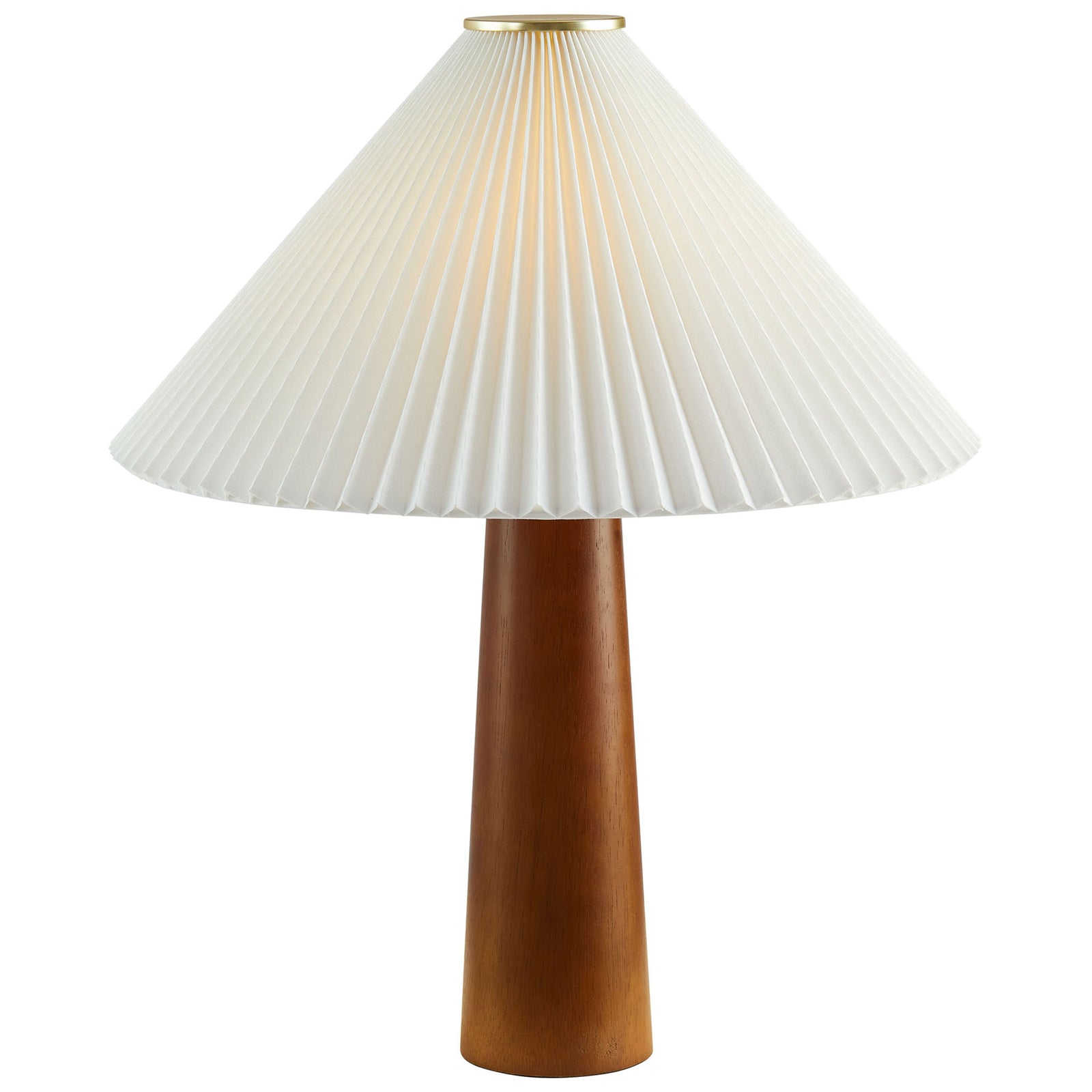 Warmly lit walnut table lamp with glowing pleated shade for soft ambient illumination || EEI-7212-WAL || front_on_studio