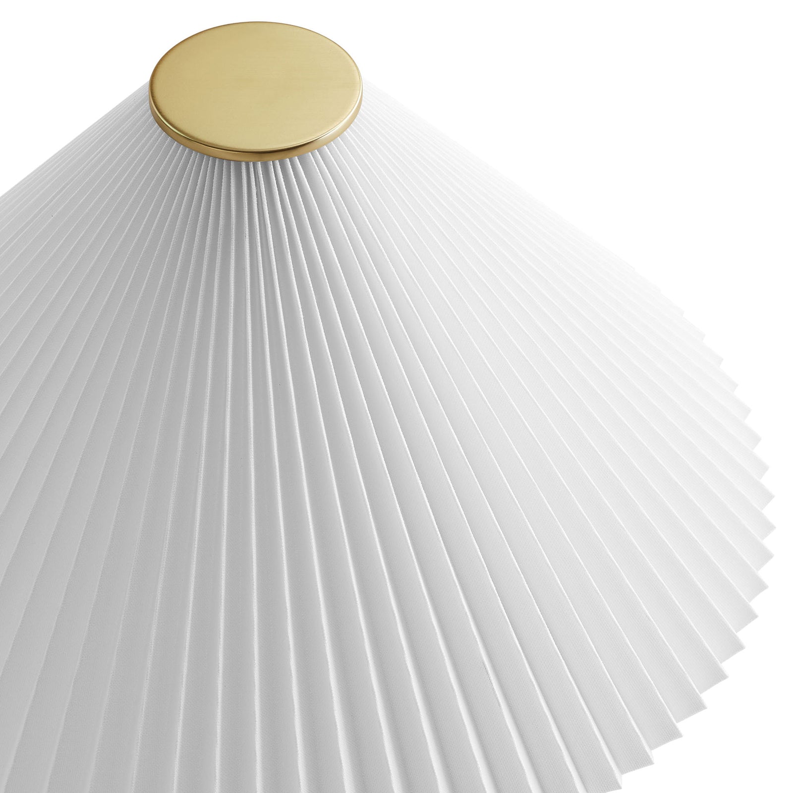 Close-up of pleated white lampshade with sleek round brass top cap detail || EEI-7212-WAL || shade_studio
