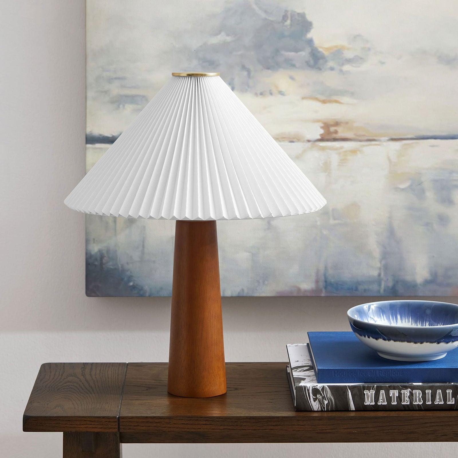 Walnut base table lamp with pleated shade on console table in modern decor || EEI-7212-WAL || front_room