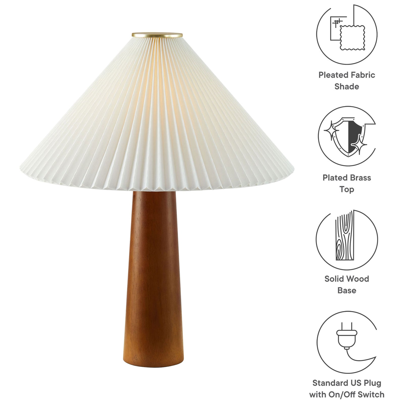 Feature callouts showing pleated shade brass top solid wood base and plug switch || EEI-7212-WAL || callout_studio