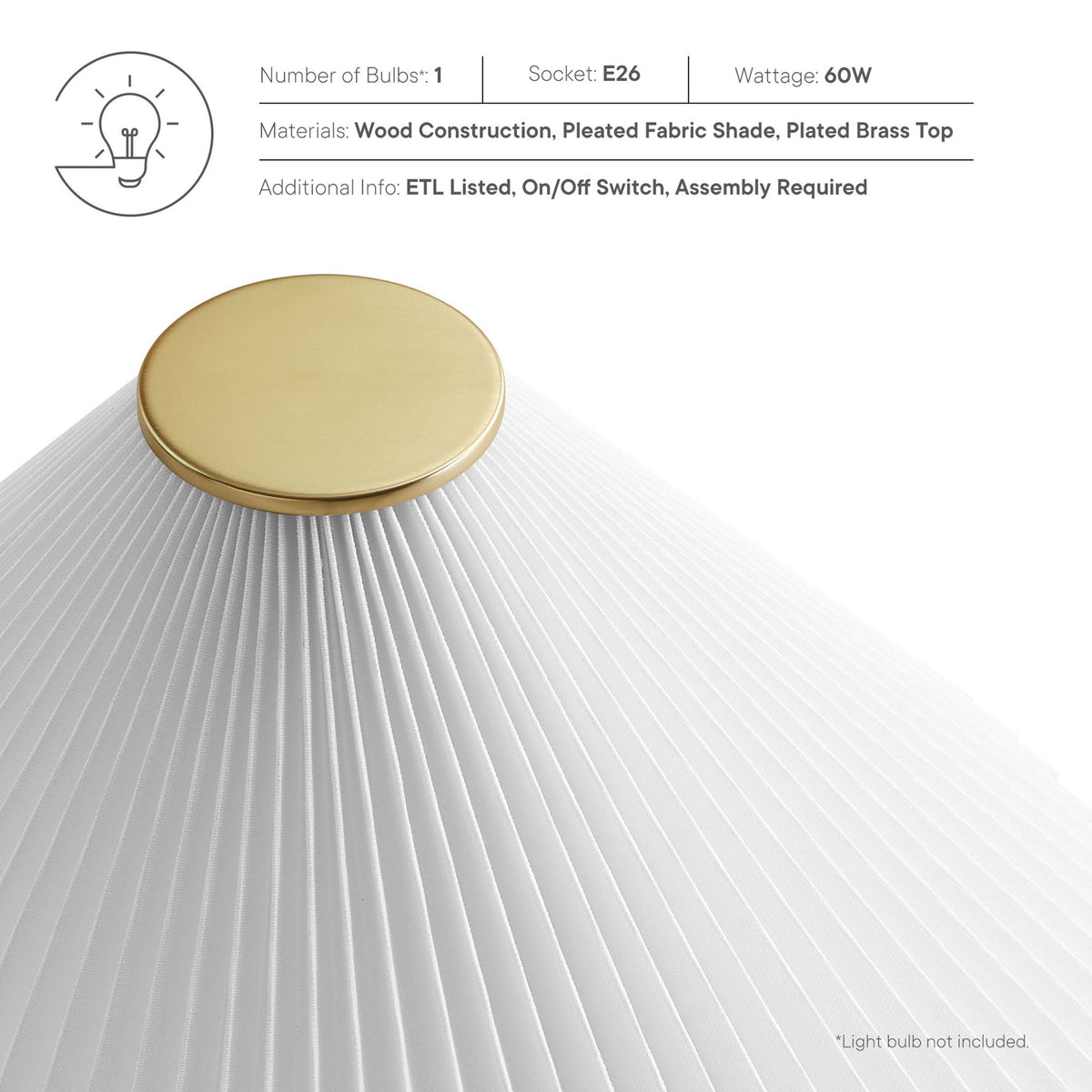 Informational graphic highlighting lamp materials bulb type wattage and ETL listing || EEI-7212-WAL || callout_studio
