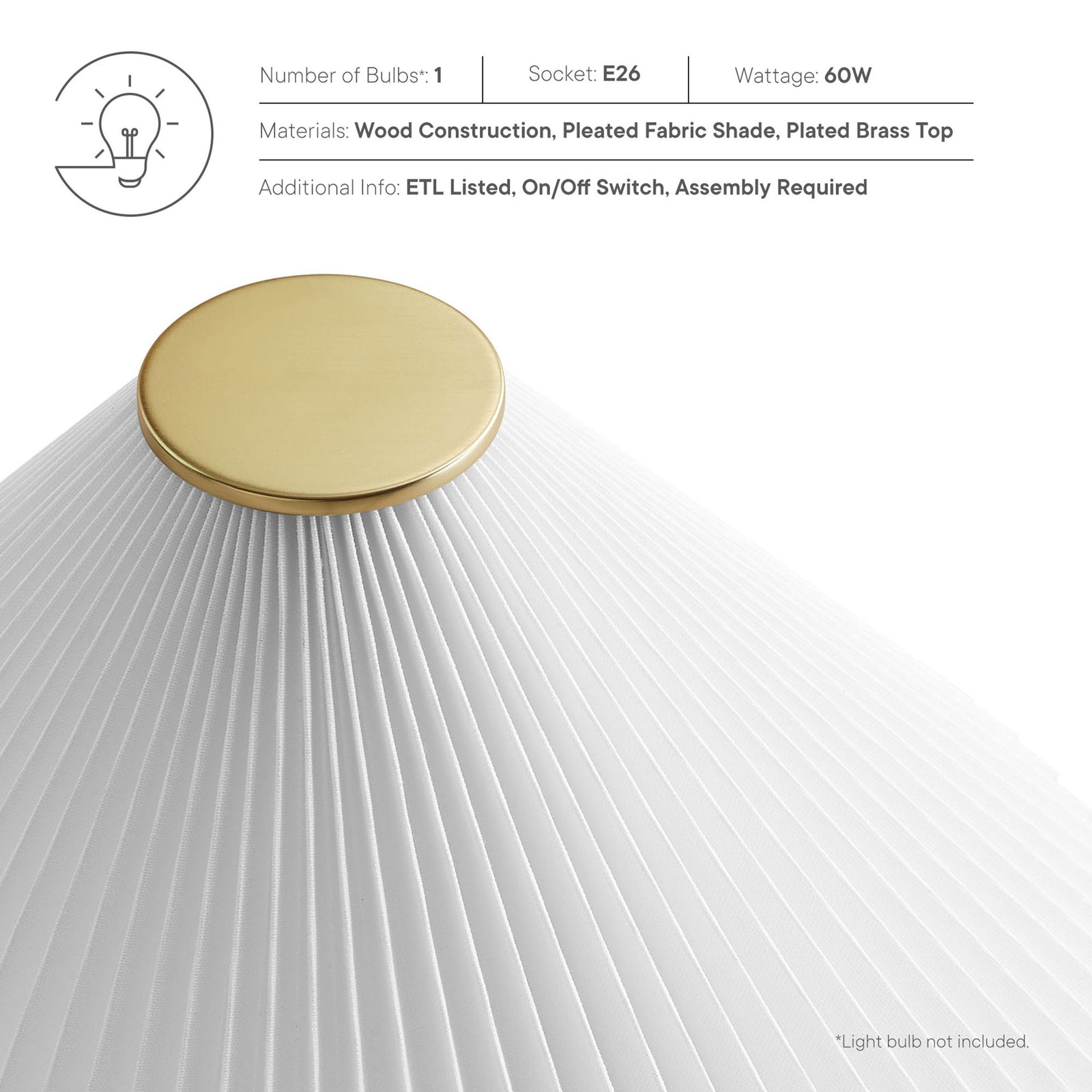 Informational graphic highlighting lamp materials bulb type wattage and ETL listing || EEI-7212-WAL || callout_studio