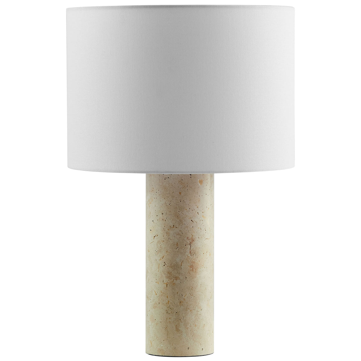 Travertine table lamp with cylindrical stone base and crisp white fabric drum shade || EEI-7213-TRV || front_studio