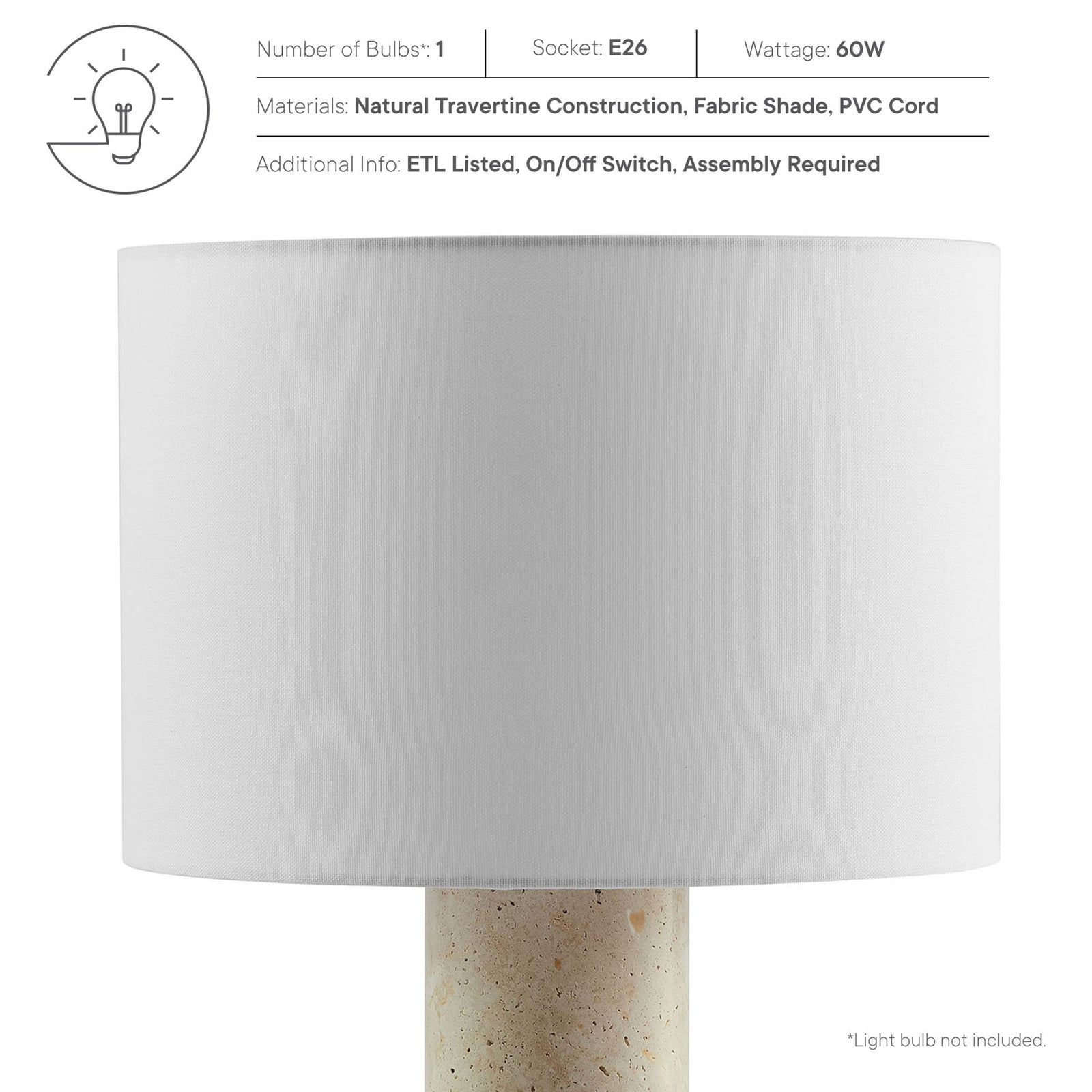 White drum shade paired with graphic callouts describing bulb count, socket type, wattage, and materials || EEI-7213-TRV || callout_studio