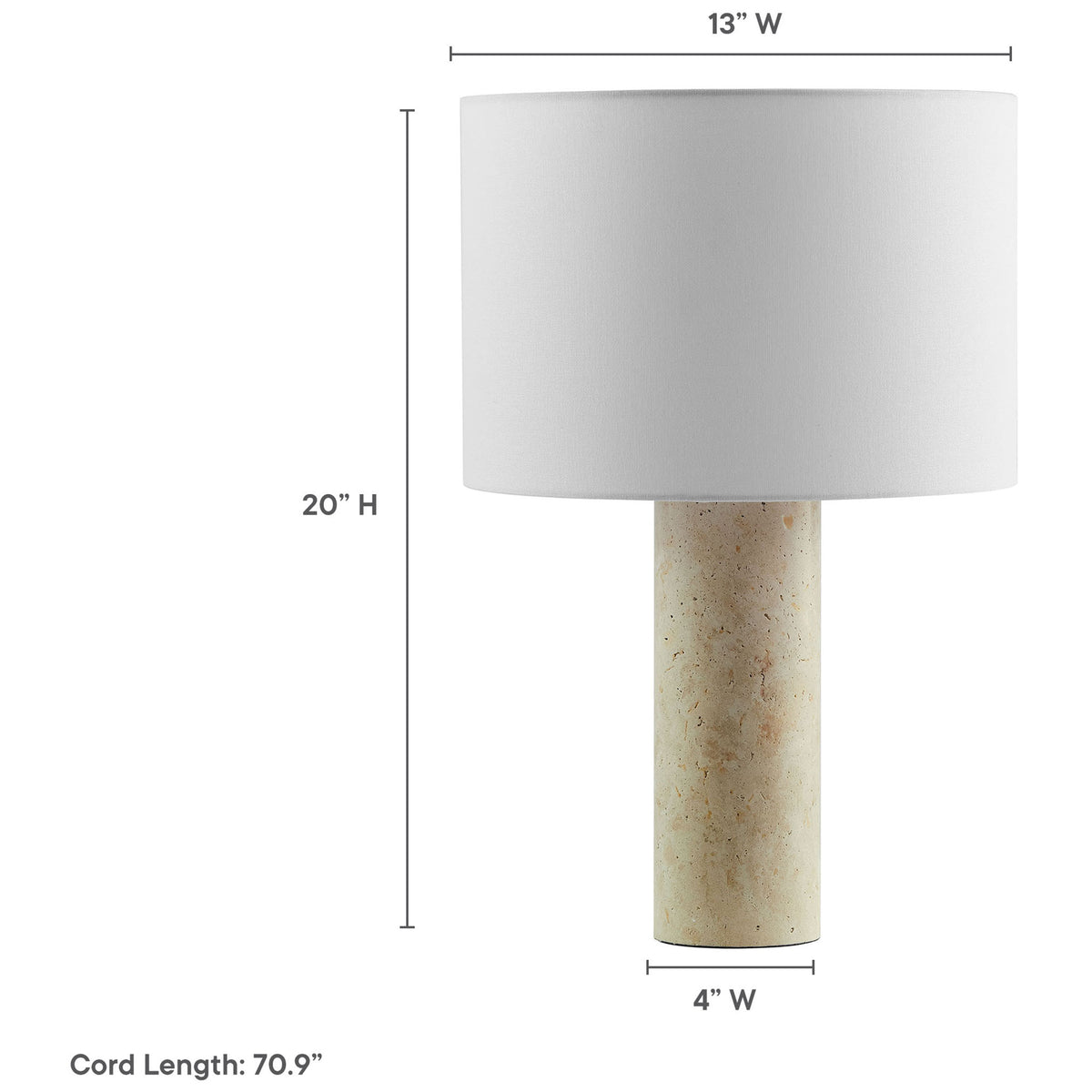 Dimension graphic of Zenith travertine table lamp indicating width, height, base size, and cord length || EEI-7213-TRV || dimension_studio