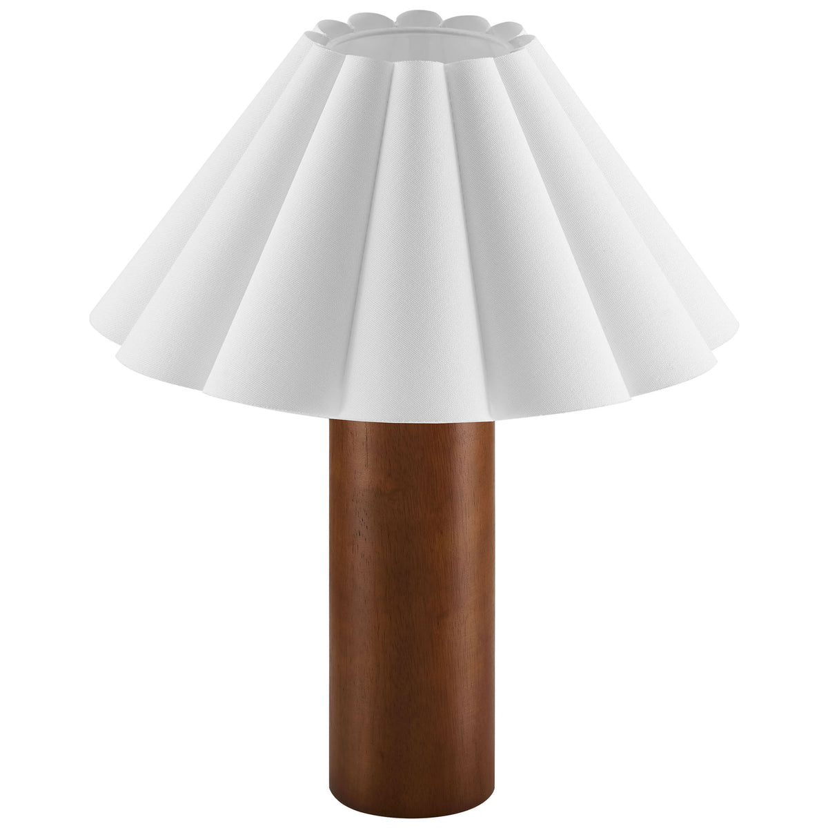 Walnut pillar table lamp with sculpted pleated white shade for soft modern accent lighting || EEI-7214-WAL || front_studio