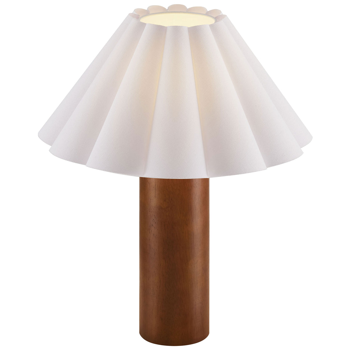 Flora table lamp casting warm ambient glow through pleated white shade and walnut base || EEI-7214-WAL || front_on_studio