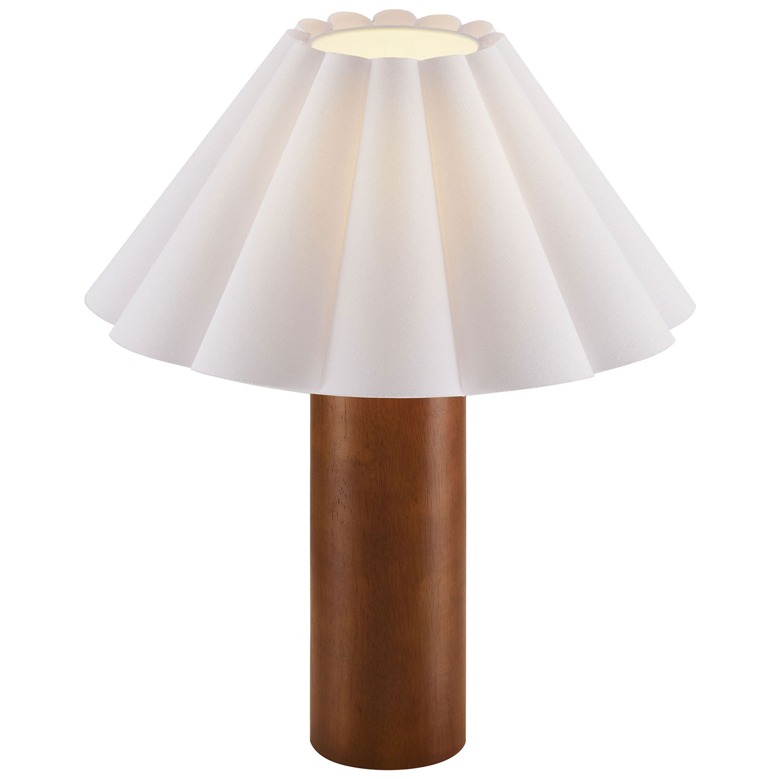 Flora table lamp casting warm ambient glow through pleated white shade and walnut base || EEI-7214-WAL || front_on_studio