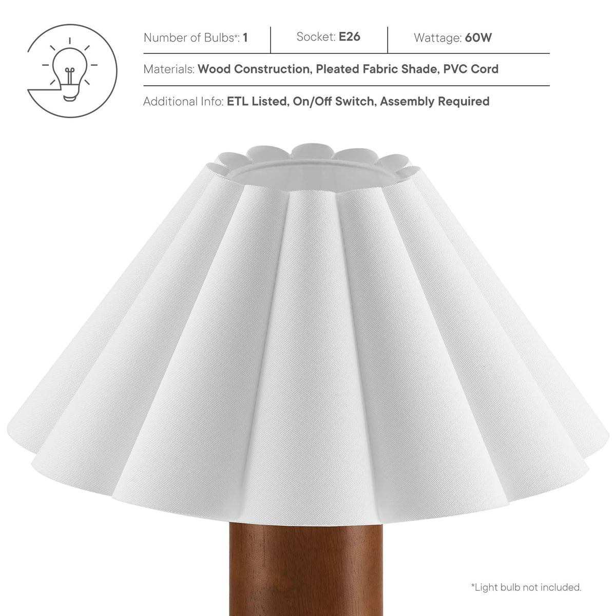 Materials bulb type and wattage details for Flora table lamp with pleated shade || EEI-7214-WAL || callout_studio