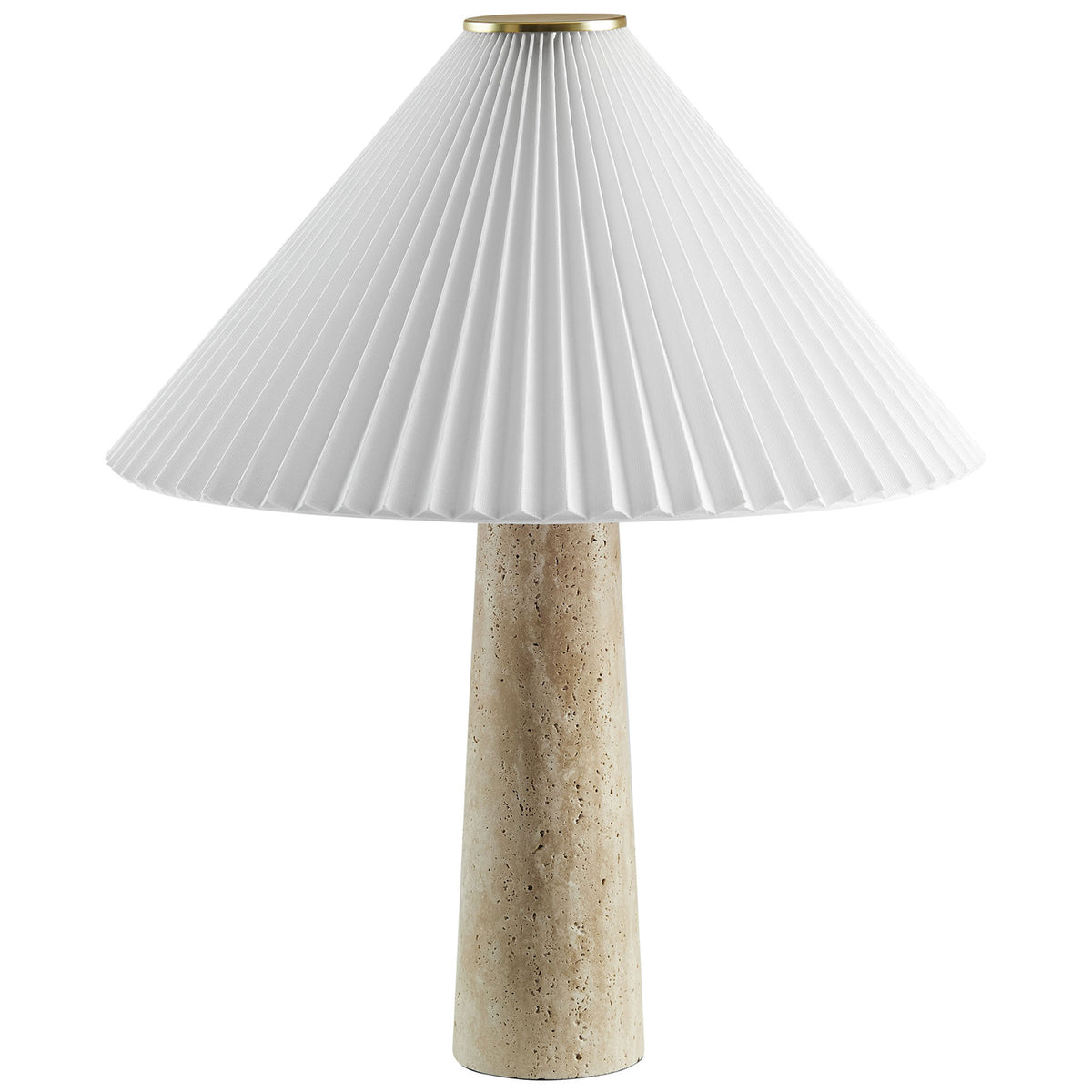Travertine table lamp with sculpted cone base and crisp white pleated shade for clean modern warmth || EEI-7215-TRV || front_studio