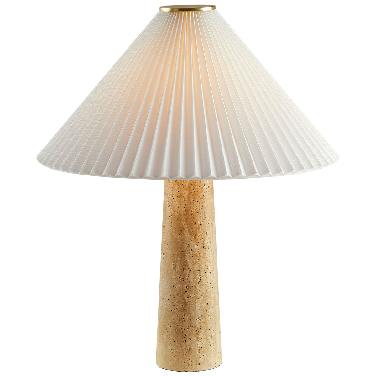 Warmly glowing travertine table lamp with pleated white shade and brass cap for inviting accent lighting || EEI-7215-TRV || front_on_studio