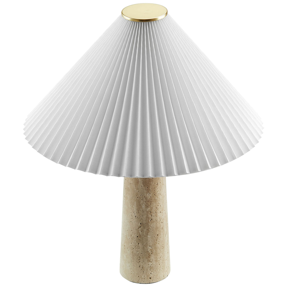 Overhead view of the Cove table lamp highlighting its wide pleated shade and slim travertine column base || EEI-7215-TRV || top_angle_studio