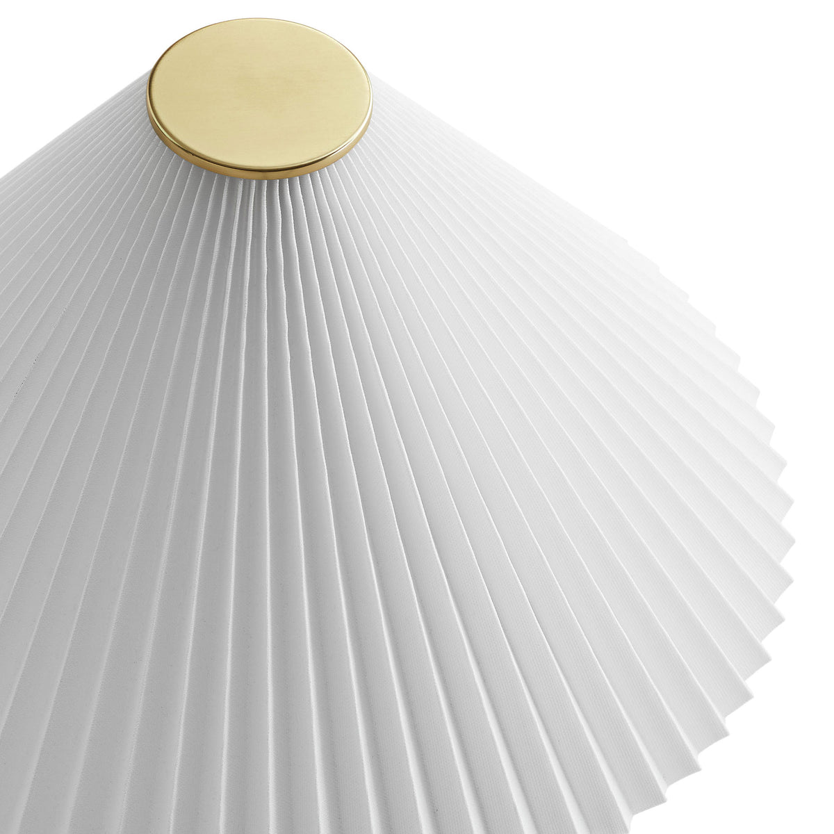 Close detail of the crisp white pleated lampshade with smooth brass top for a tailored, sculptural look || EEI-7215-TRV || shade_studio