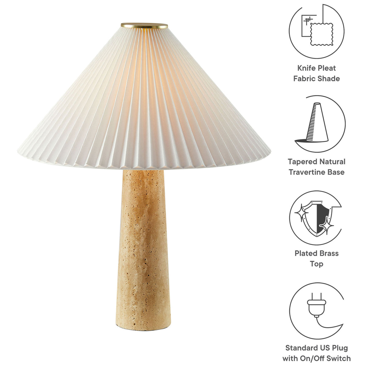 Feature callouts spotlight the knife pleat shade, travertine base, brass top, and standard plug with switch || EEI-7215-TRV || callout_studio