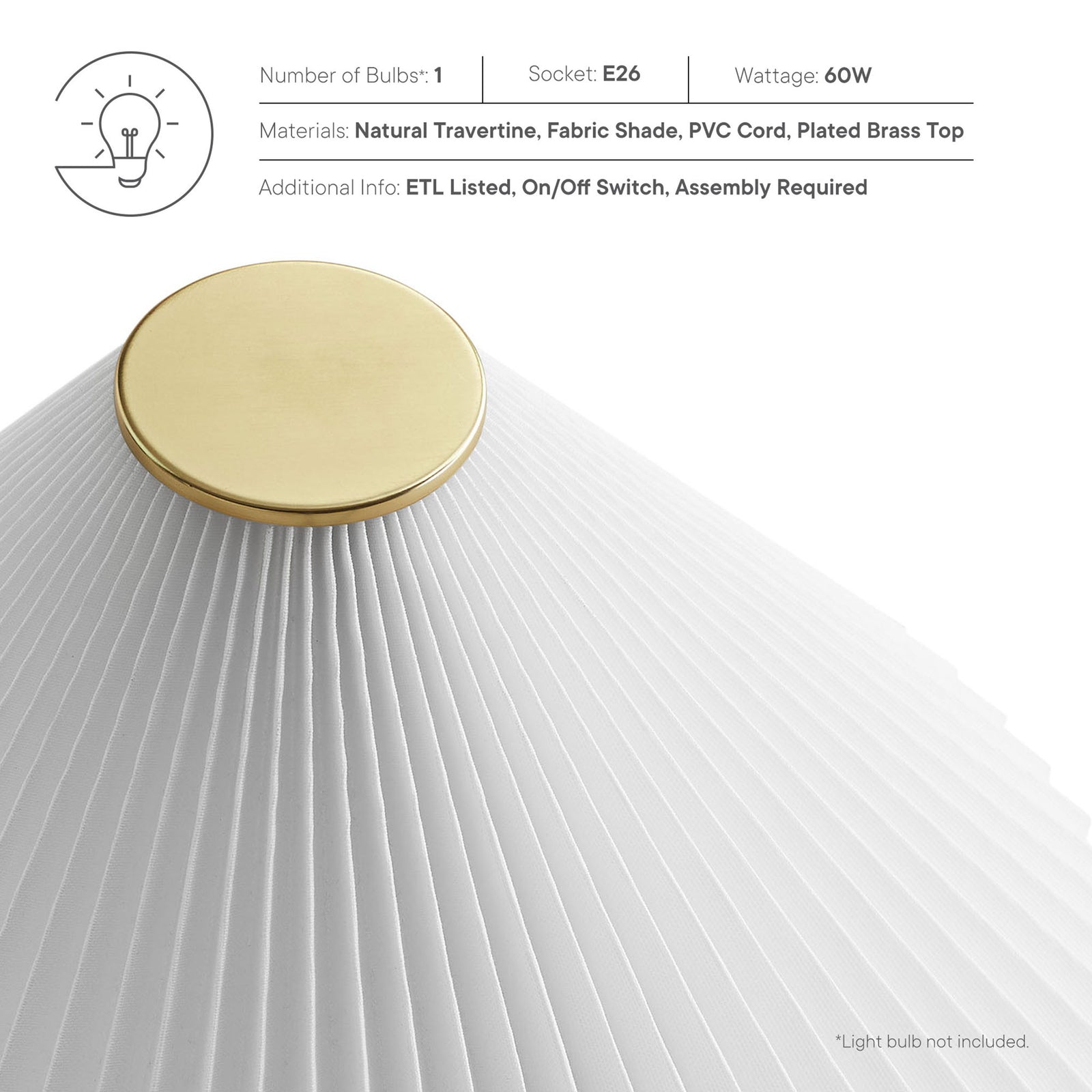 Bulb and material callouts detail the E26 socket, 60 watt max rating, and quality travertine and fabric construction || EEI-7215-TRV || callout_studio