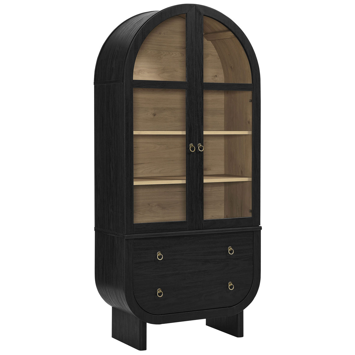 Black arched display cabinet showcasing light oak interior shelves and brass ring pull hardware || EEI-7216-BLK-LOA || front_angle_studio