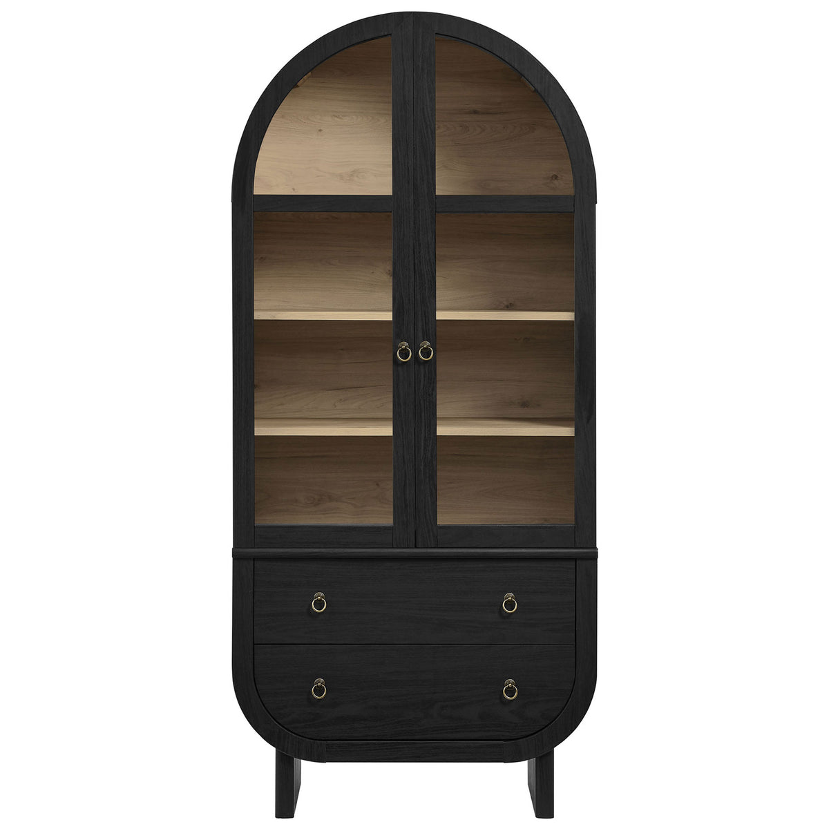 Nyx black and light oak arched display cabinet with glass doors and two lower drawers || EEI-7216-BLK-LOA || front_studio