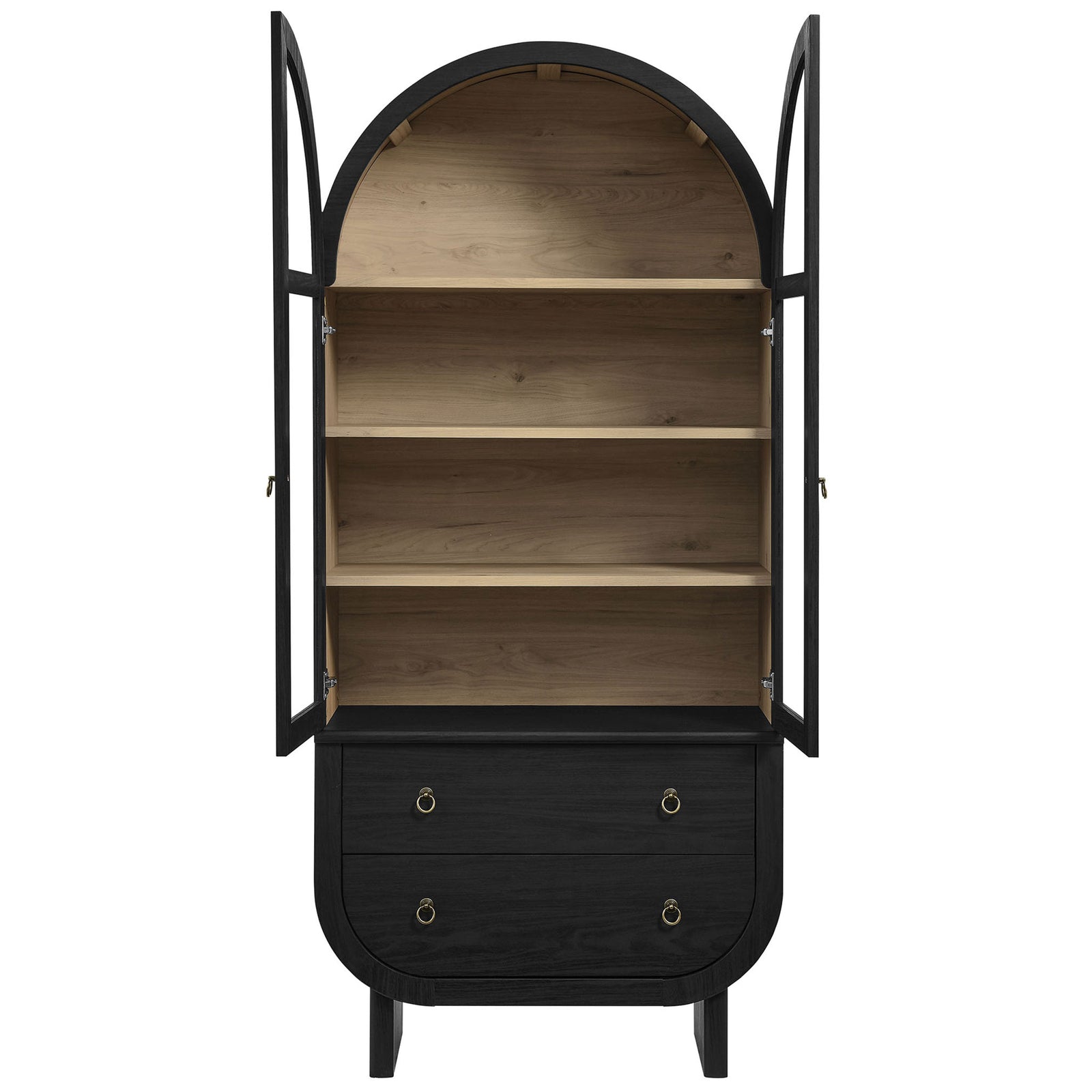 Arched display cabinet with glass doors open to reveal adjustable light oak shelves and spacious drawers || EEI-7216-BLK-LOA || front_open_studio