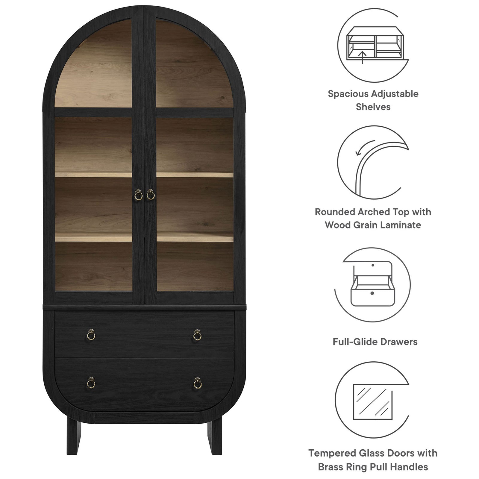 Nyx arched display cabinet with graphic icons highlighting shelves, drawers, and tempered glass doors || EEI-7216-BLK-LOA || callout_studio
