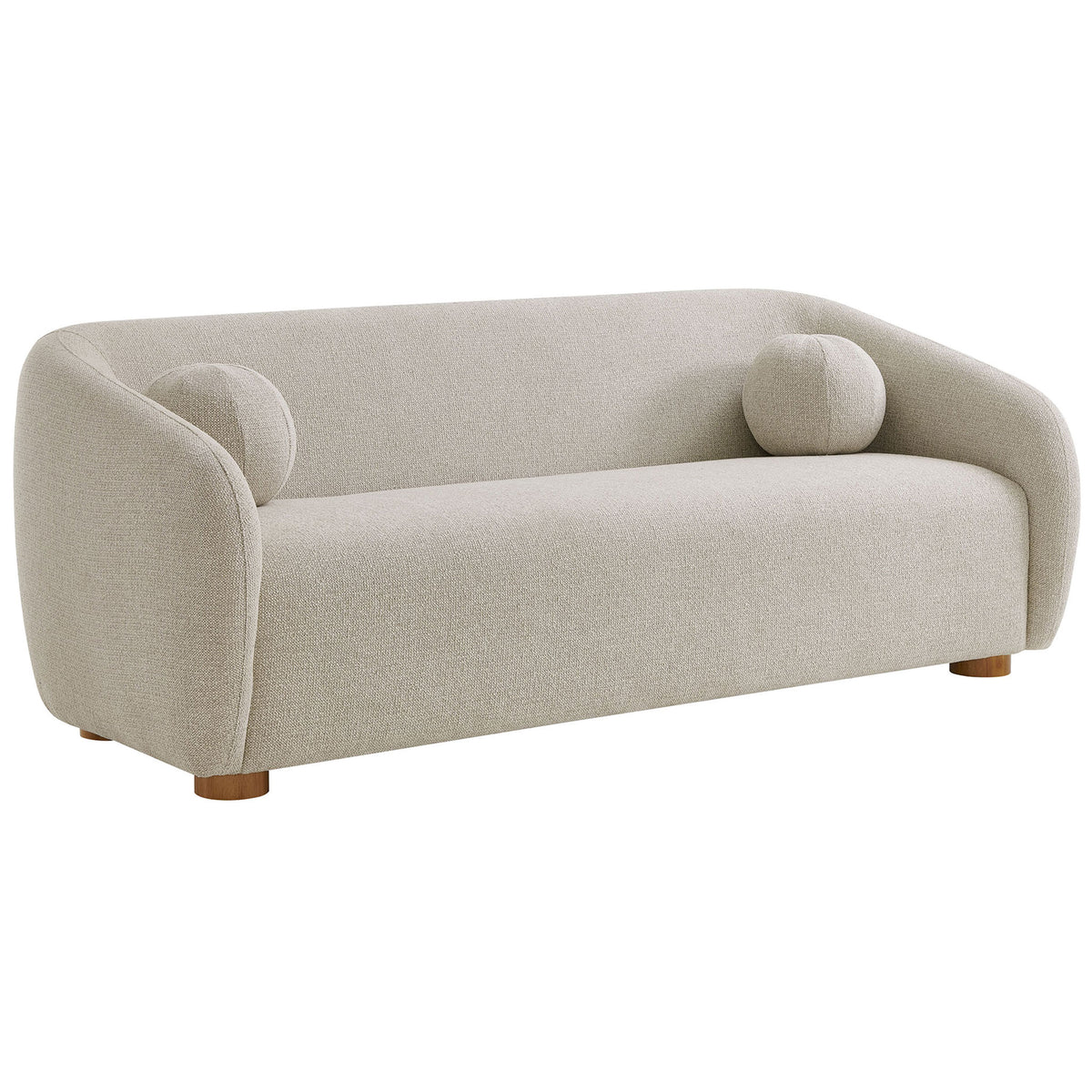 Curved dove gray chenille sofa with rounded arms and two matching ball pillows || EEI-7217-DOV || front_angle_studio