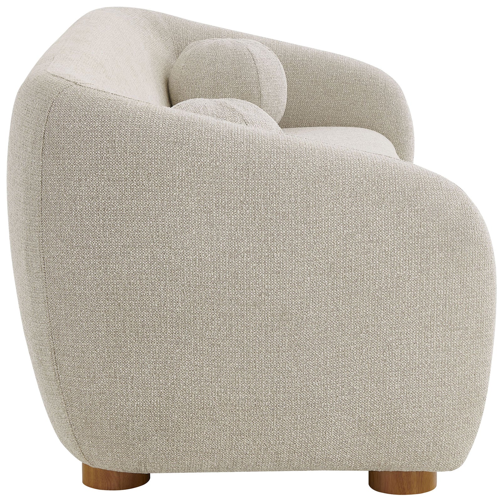 Sculpted curved sofa profile in textured dove gray chenille on warm wood bun feet || EEI-7217-DOV || side_studio