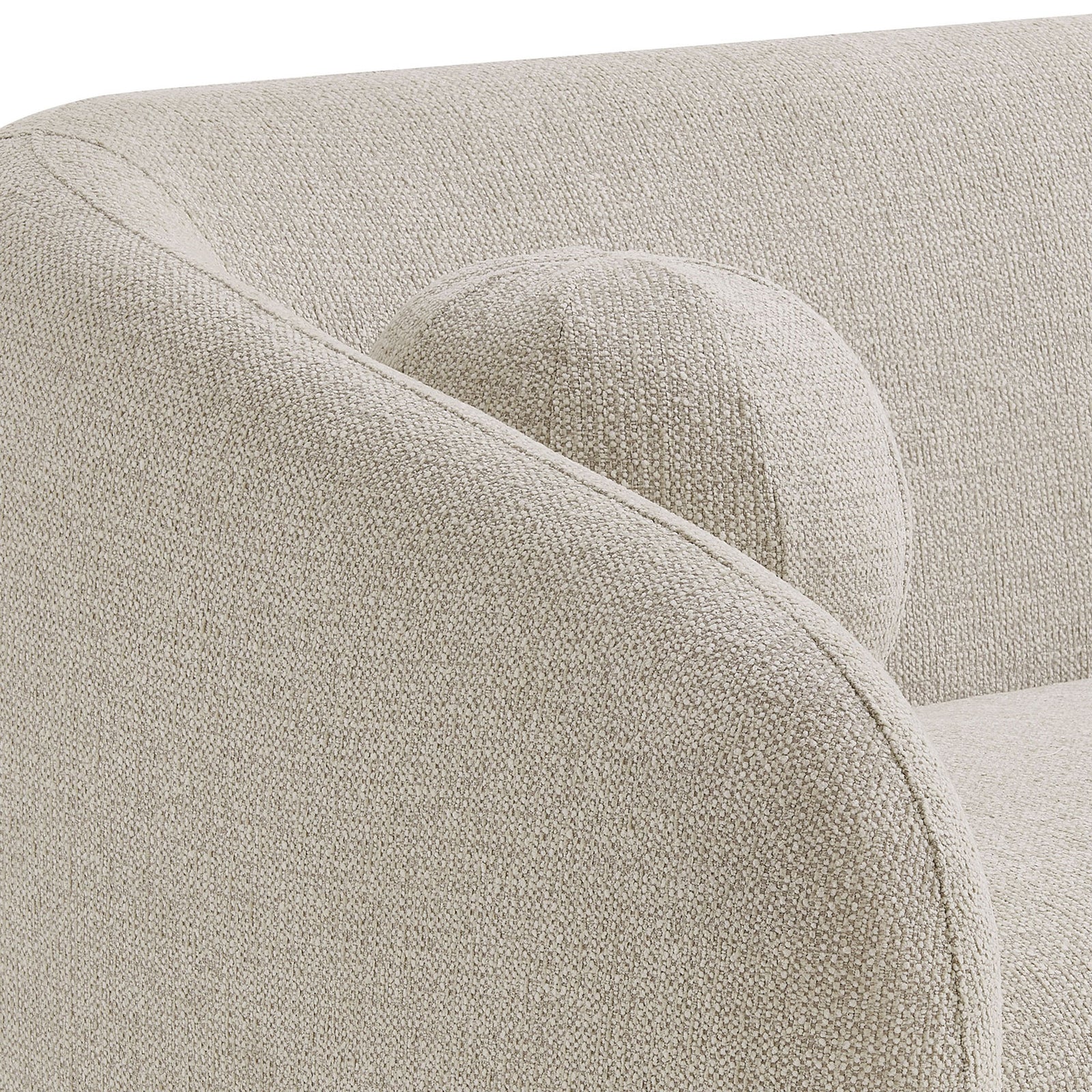 Close-up of curved arm and ball pillow highlighting the textured chenille upholstery || EEI-7217-DOV || detail_studio