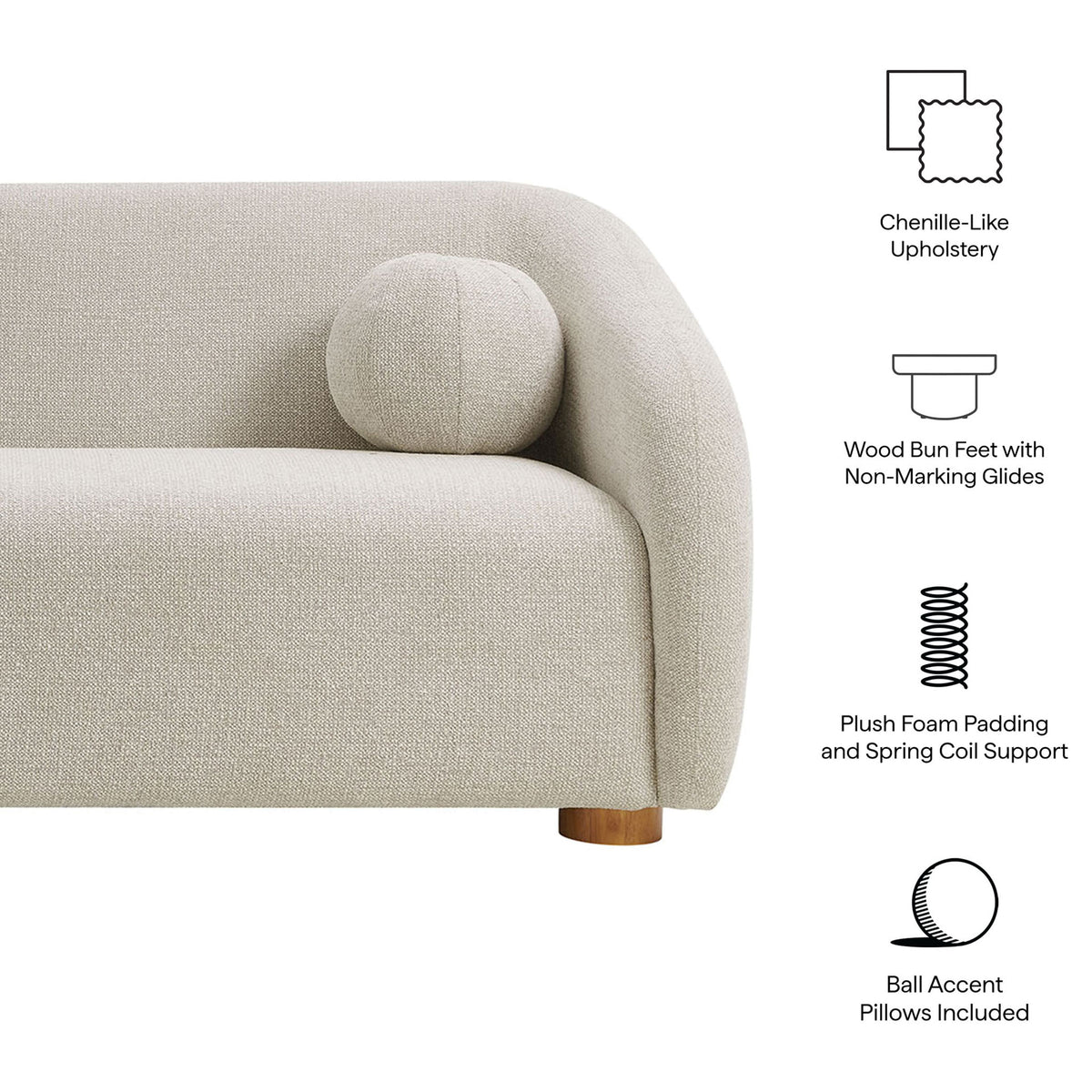 Feature view of Holland sofa showing chenille upholstery, ball pillows, bun feet, and coil support || EEI-7217-DOV || callout_studio