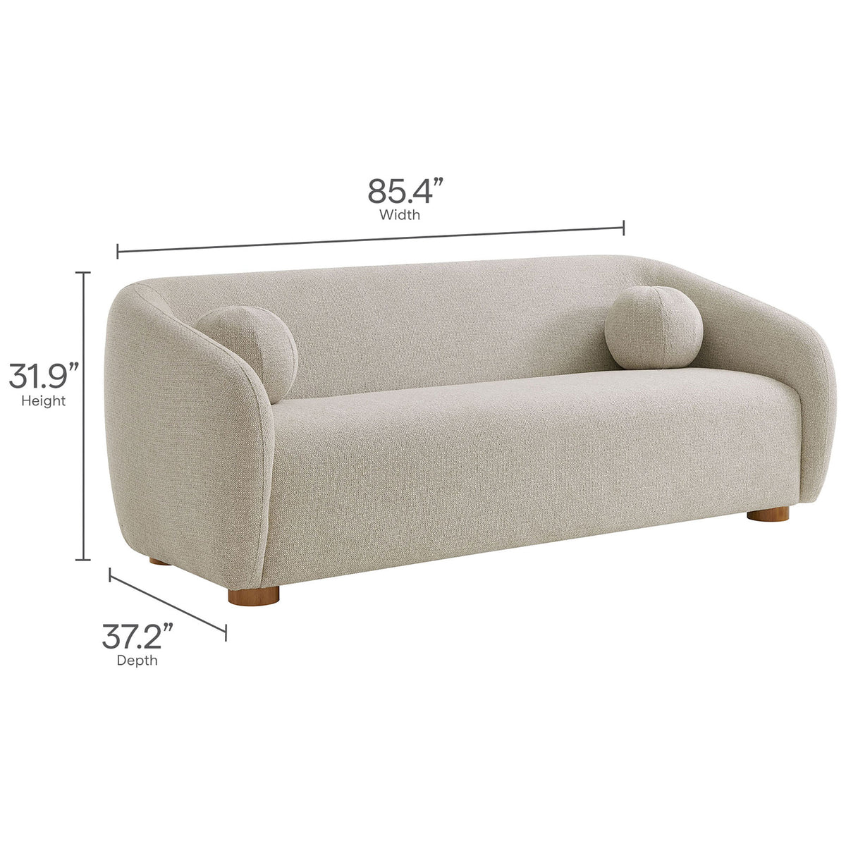 Dimension overview of the curved Holland sofa showcasing generous width, depth, and lounge-ready seat || EEI-7217-DOV || dimension_studio