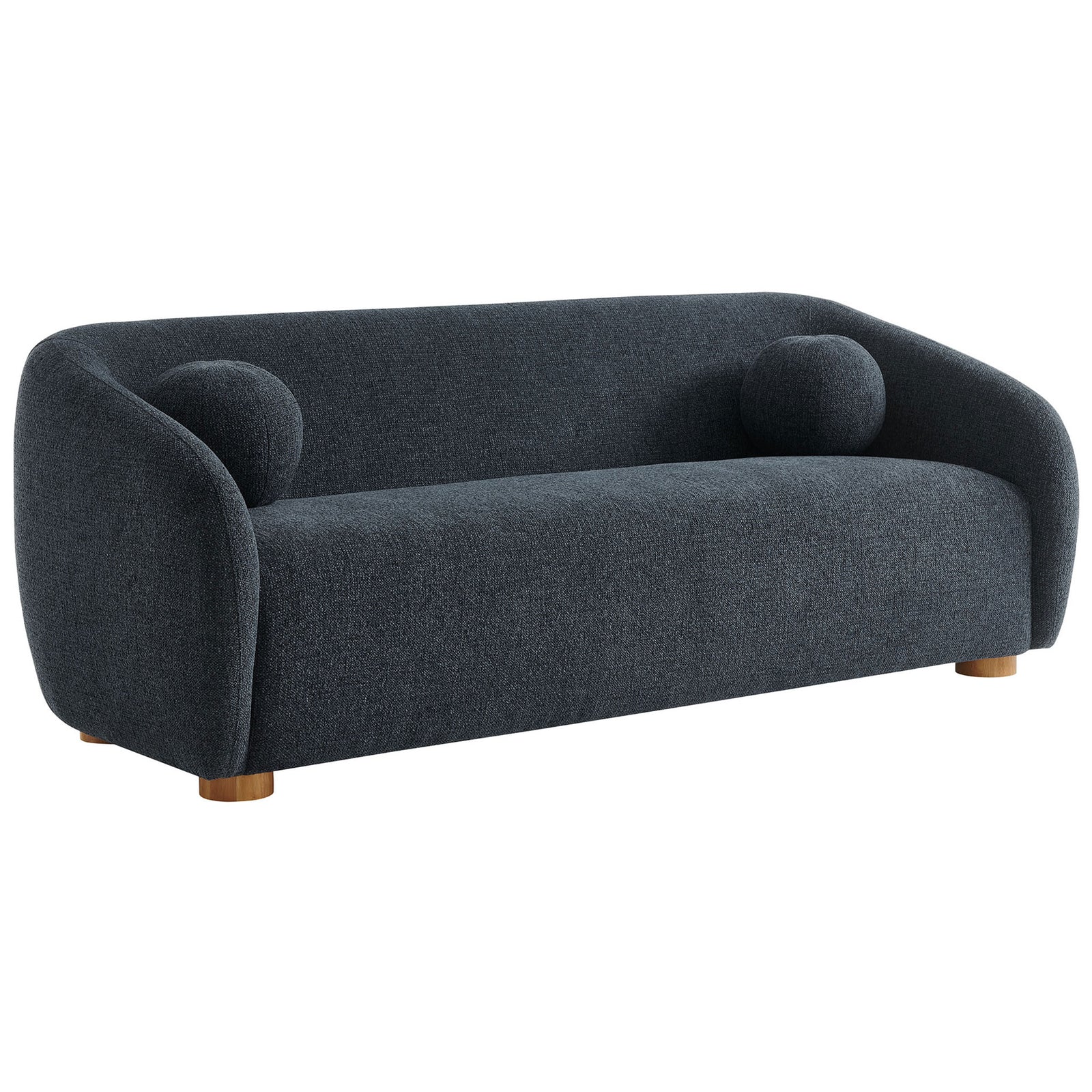 Curved navy chenille sofa with rounded arms and ball pillows for a modern, cozy living room look. || EEI-7217-NAV || front_angle_studio