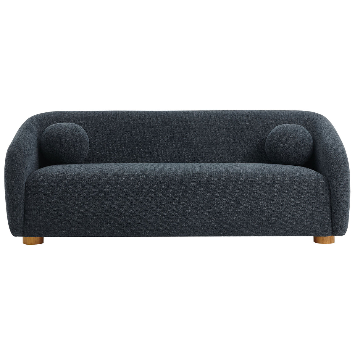 Front view of the navy curved-back sofa with plush chenille upholstery and two matching ball pillows. || EEI-7217-NAV || front_studio