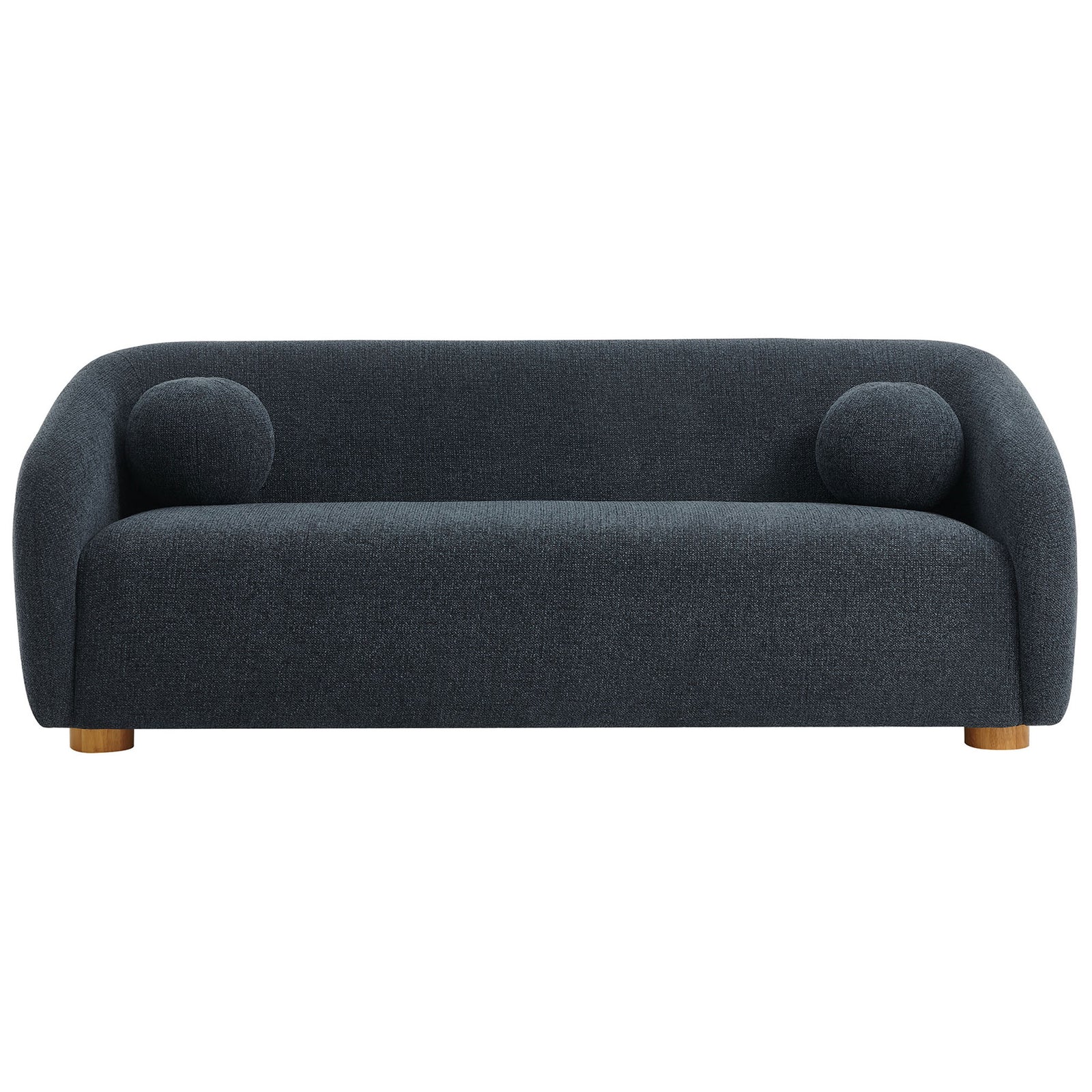 Front view of the navy curved-back sofa with plush chenille upholstery and two matching ball pillows. || EEI-7217-NAV || front_studio