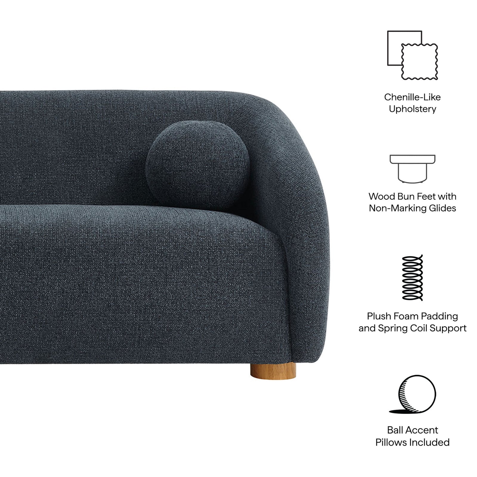 Holland sofa detail with ball pillow, wood bun feet, and icons calling out key comfort features. || EEI-7217-NAV || callout_studio